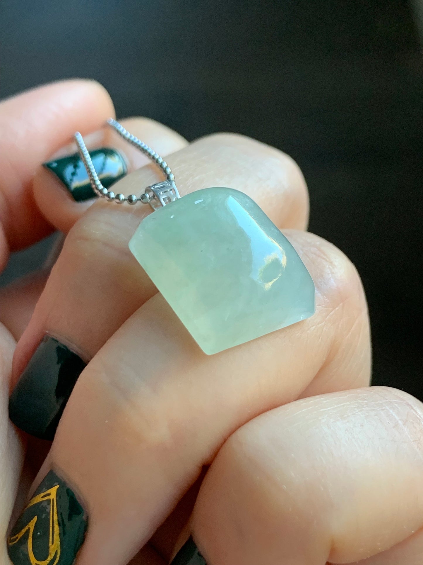 Natural Burmese Icy Translucent Pastel Light Green Jadeite Rectangle Pendant 18ＫWhite Gold 5g 天然缅甸糯冰淡晴底翡翠牌镶嵌吊坠