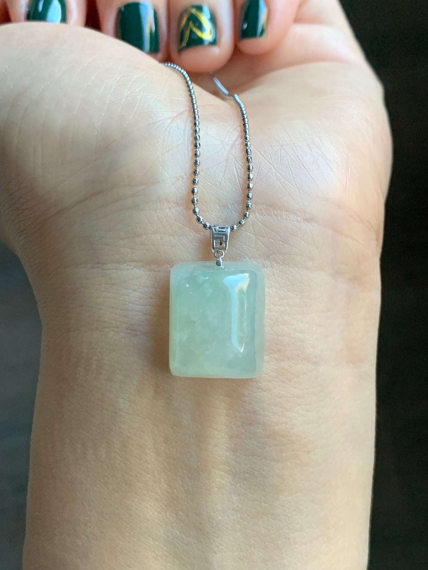 Natural Burmese Icy Translucent Pastel Light Green Jadeite Rectangle Pendant 18ＫWhite Gold 5g 天然缅甸糯冰淡晴底翡翠牌镶嵌吊坠