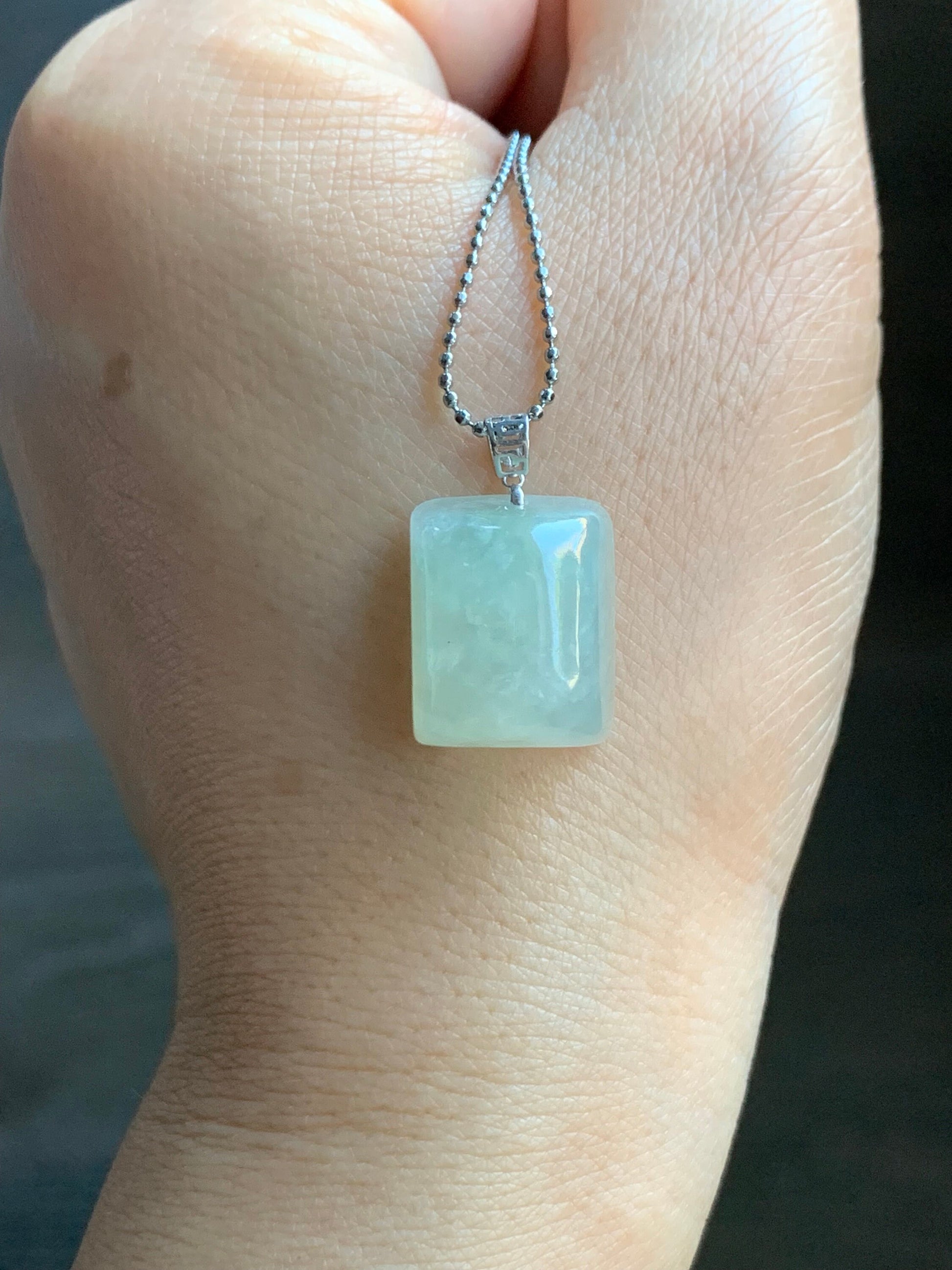 Natural Burmese Icy Translucent Pastel Light Green Jadeite Rectangle Pendant 18ＫWhite Gold 5g 天然缅甸糯冰淡晴底翡翠牌镶嵌吊坠