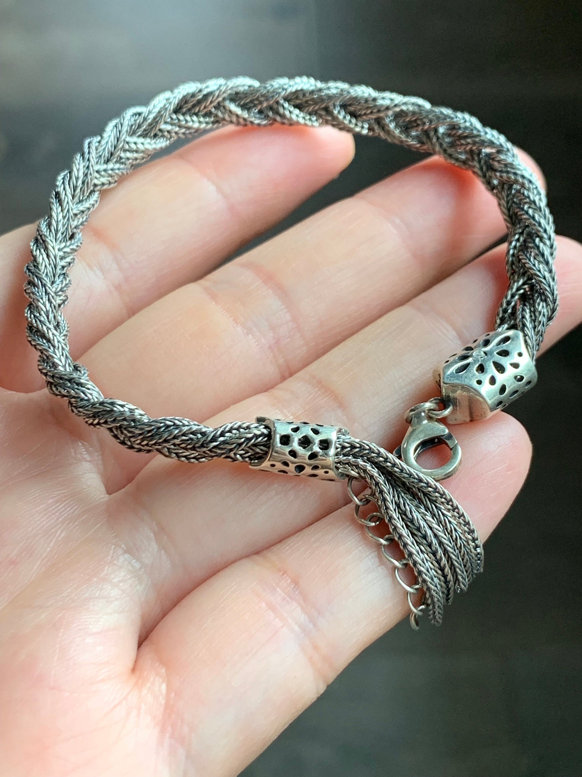 925 Sterling Silver Solid Braided Bracelet Adjustable 12 grams 纯银手工麻花手链