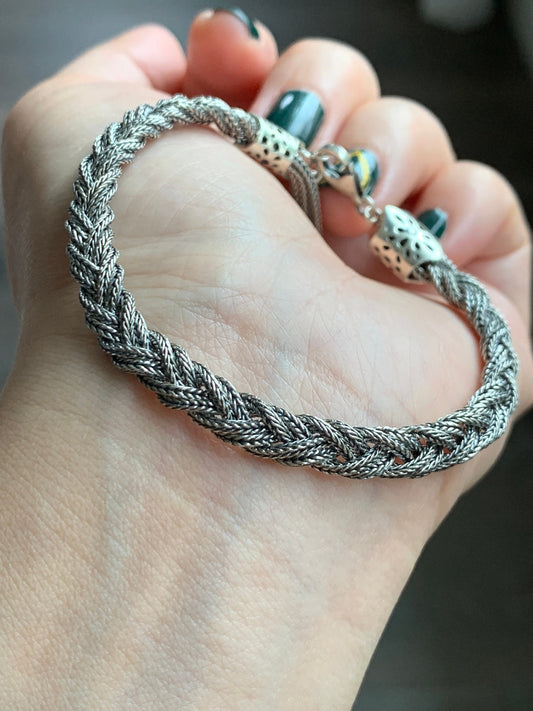 925 Sterling Silver Solid Braided Bracelet Adjustable 12 grams 纯银手工麻花手链