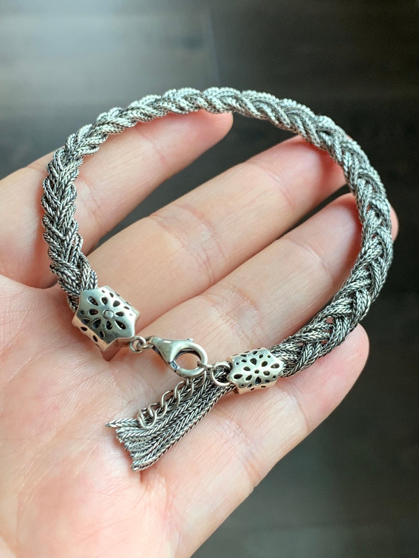 925 Sterling Silver Solid Braided Bracelet Adjustable 12 grams 纯银手工麻花手链