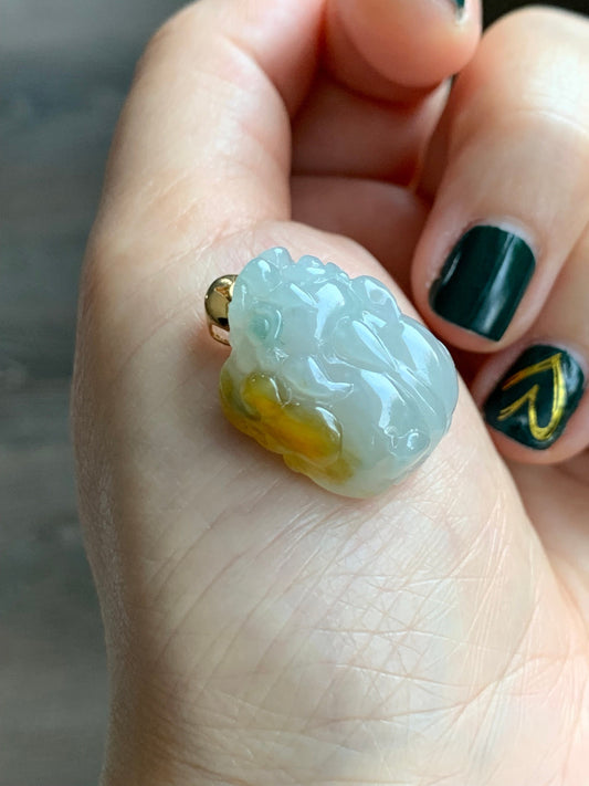 Certified Natural Burmese Muna Icy Translucent Gelatinous Yellow Marbled Jadeite Pixiu Pendant 18K Yellow Gold Diamond 天然缅甸木纳冰胶飘黄翡翠貔貅镶嵌吊坠