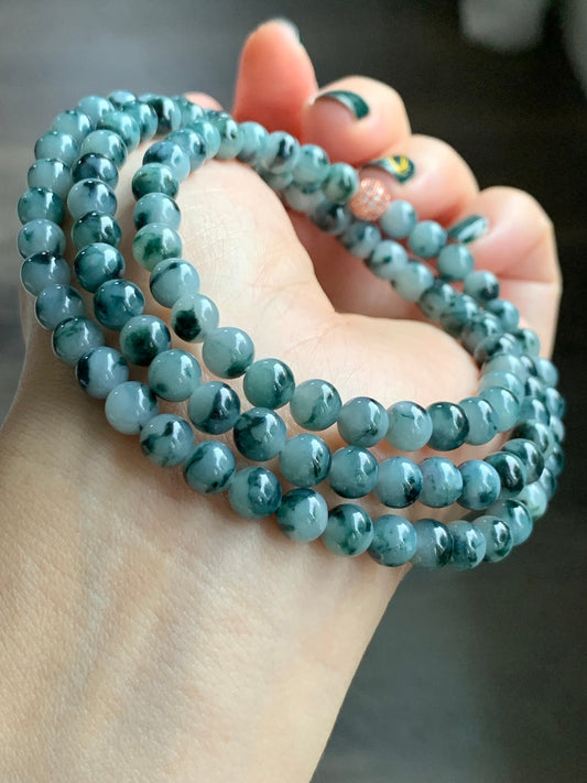 Natural Burmese Icy Translucent Gelatinous Dark Teal Blue Marbled Jadeite Beaded Necklace 6.3mm 25.5” 46g 天然缅甸冰胶飘蓝花翡翠长串项链 YY112