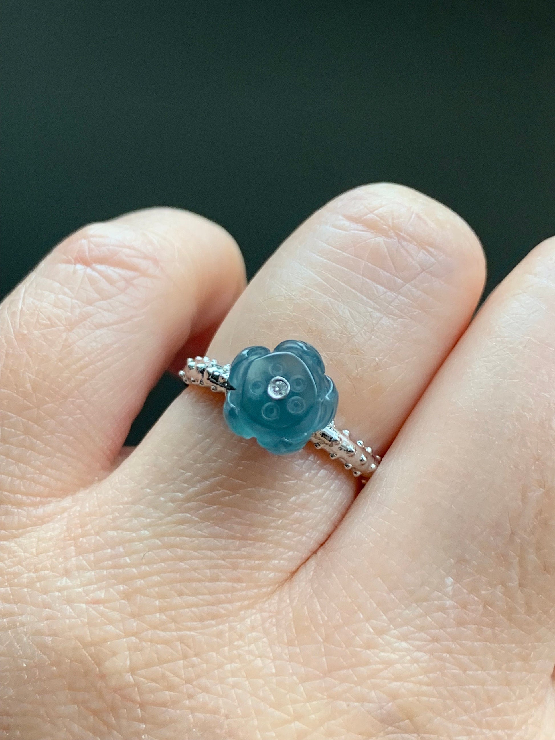 Certified Natural Guatemalan Premium Highly Translucent Teal Blue Jadeite 3D Carved Lotus Flower Ring 18K White Gold Size 7 天然高冰危蓝翡翠莲花钻石镶嵌戒指