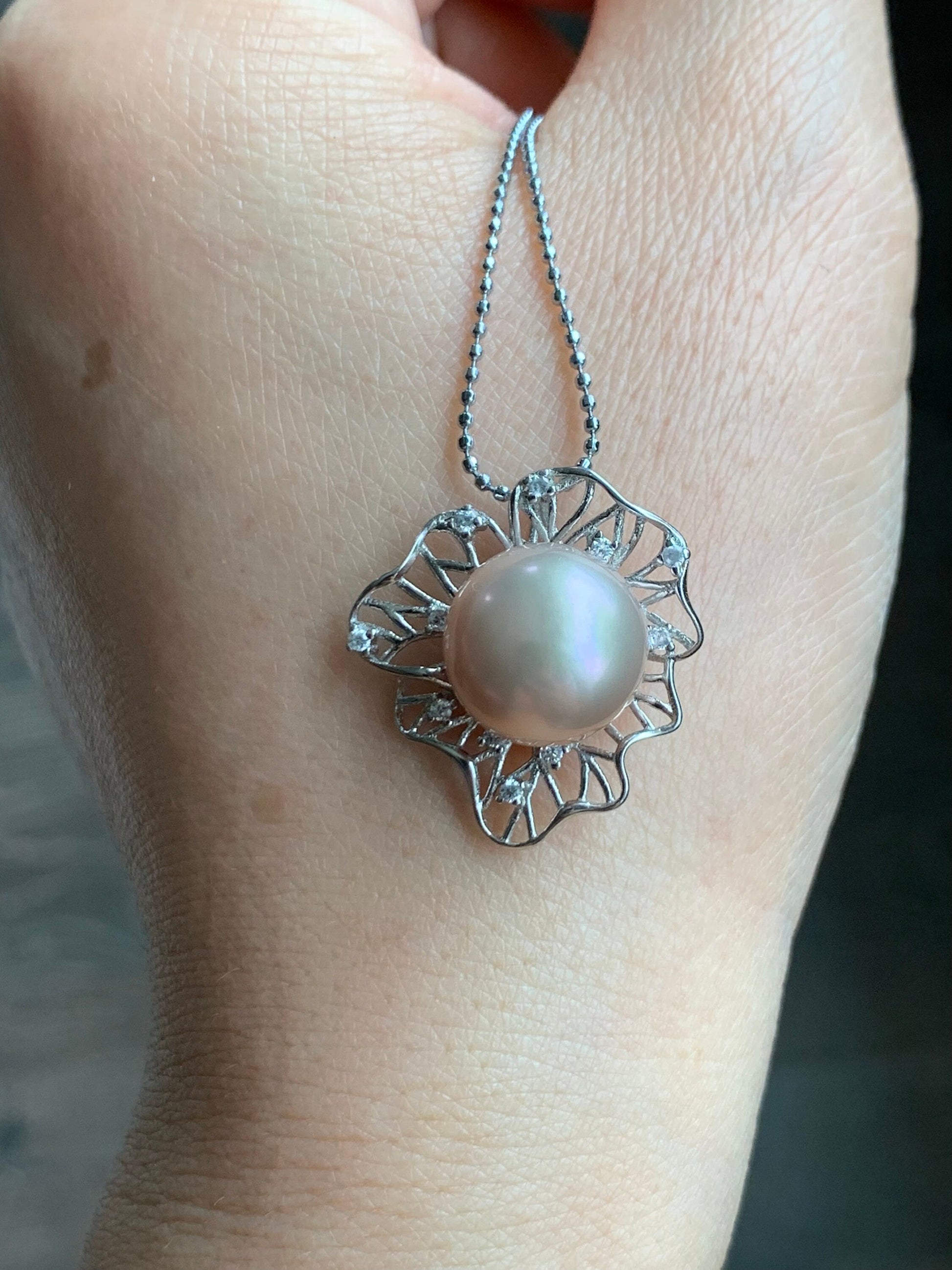 Large Natural Genuine Freshwater Peachy Pink Pearl Pendant S925 Silver Size 12.5mm 天然淡水桃粉色珍珠银镶吊坠