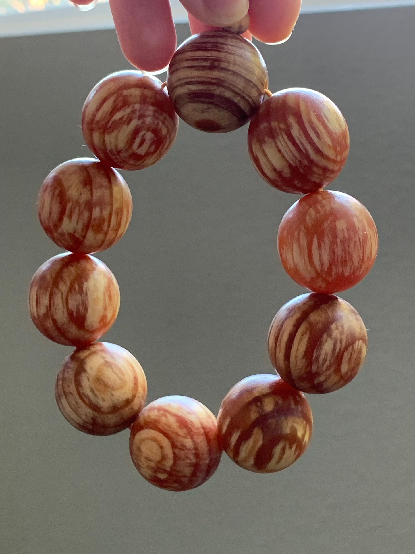 Stunning Large Natural Fossilized Korean Pine Resin Translucent Wood Beads Beaded Bracelet Stretchy 24mm 9” 88 grams 天然大卡红松琥珀木木珠手串 111423