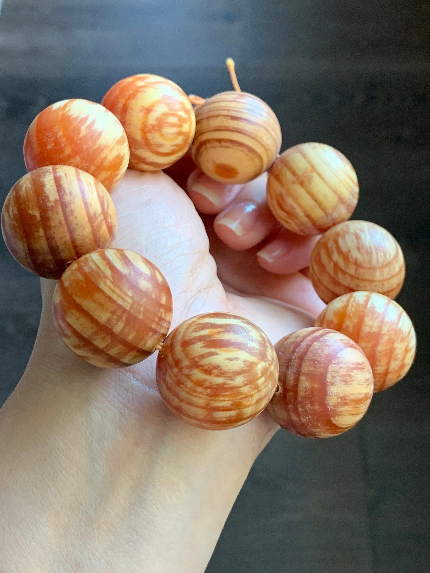 Stunning Large Natural Fossilized Korean Pine Resin Translucent Wood Beads Beaded Bracelet Stretchy 24mm 9” 88 grams 天然大卡红松琥珀木木珠手串 111423