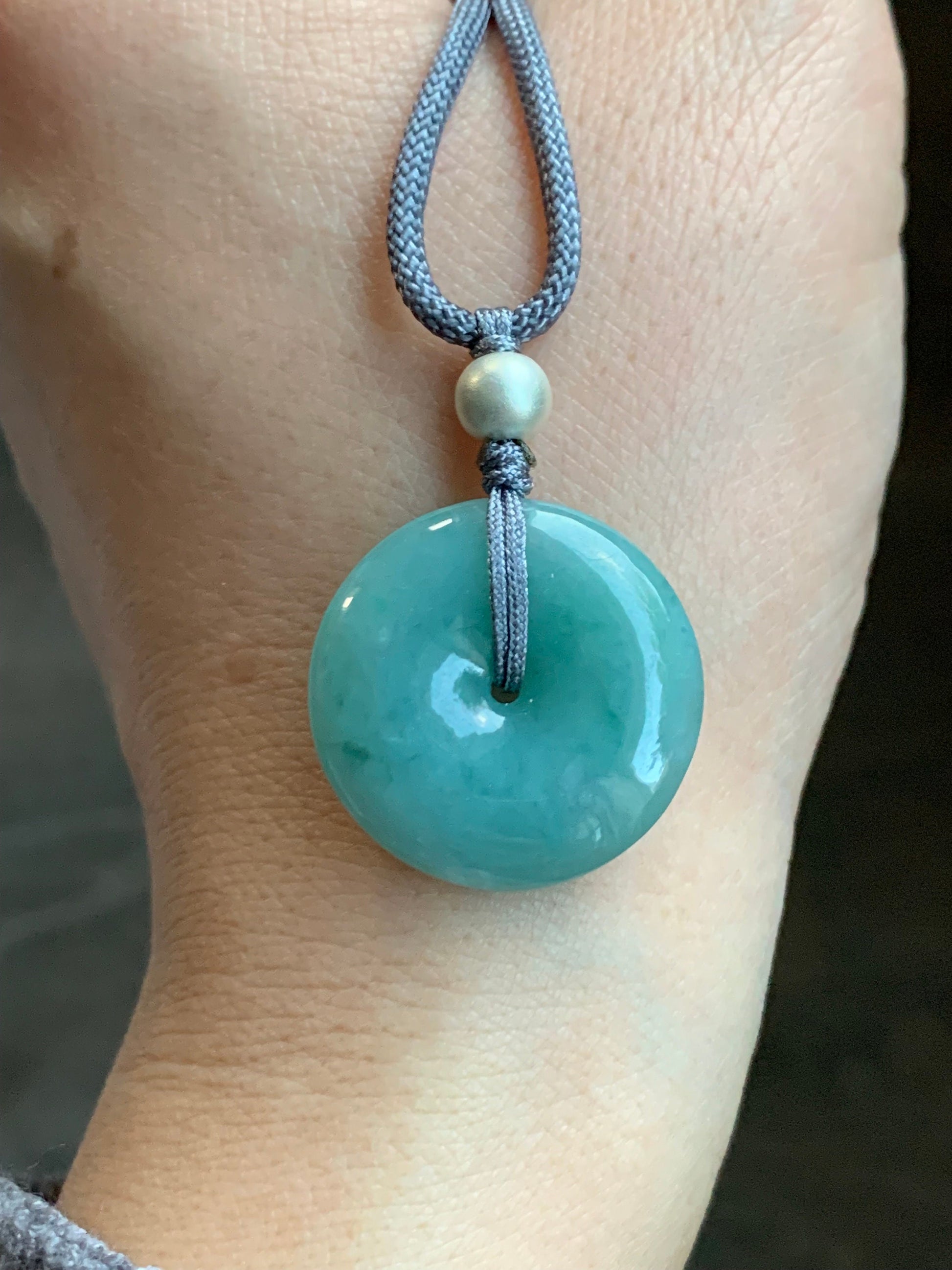 Natural Burmese Icy Translucent Teal Blue Jadeite Ping An Kou Donut Pendant Rope Necklace Sterling Silver 24" Adjustable 9g 天然缅甸冰蓝绿翡翠平安扣吊坠项链