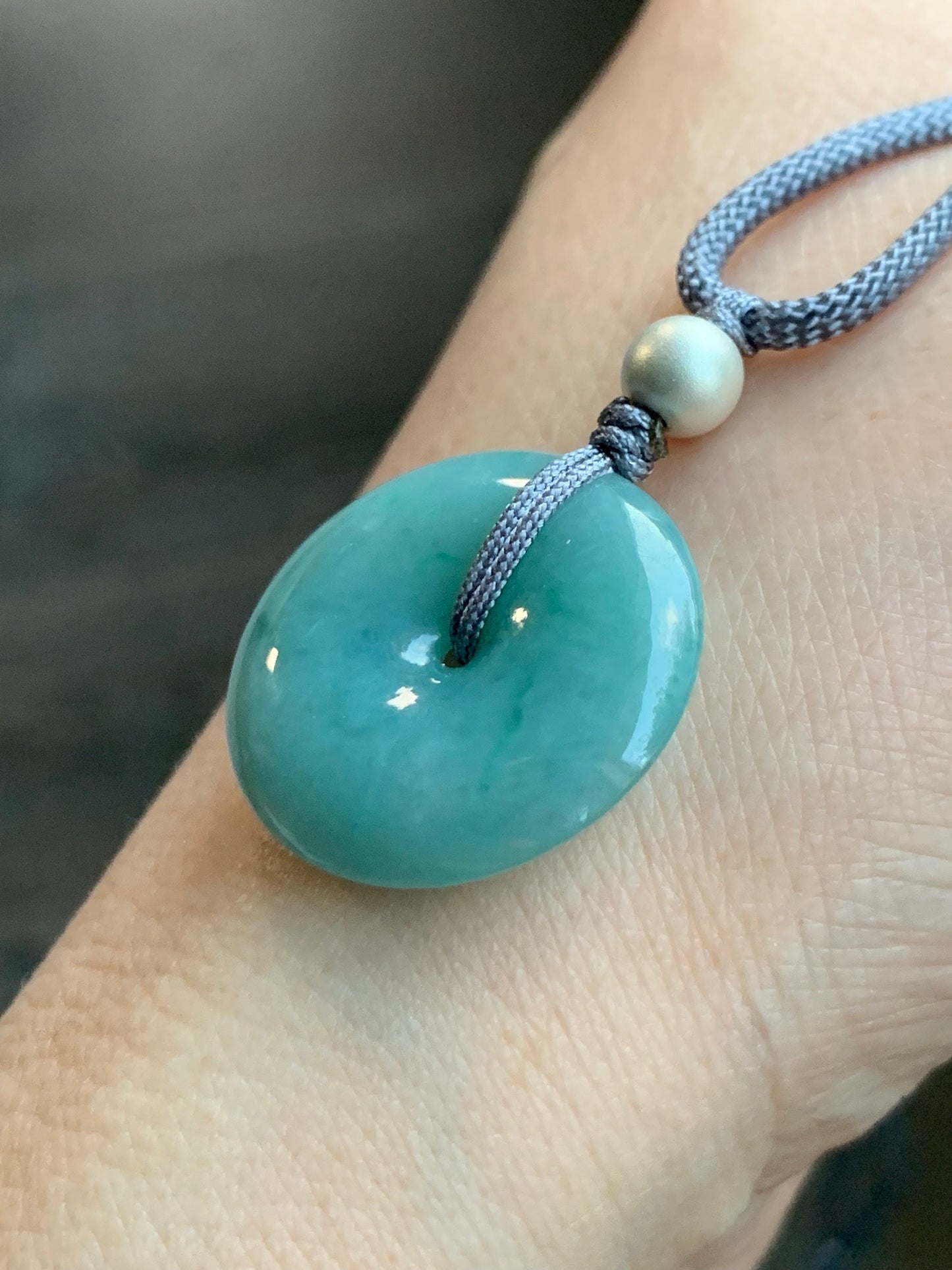 Natural Burmese Icy Translucent Teal Blue Jadeite Ping An Kou Donut Pendant Rope Necklace Sterling Silver 24" Adjustable 9g 天然缅甸冰蓝绿翡翠平安扣吊坠项链