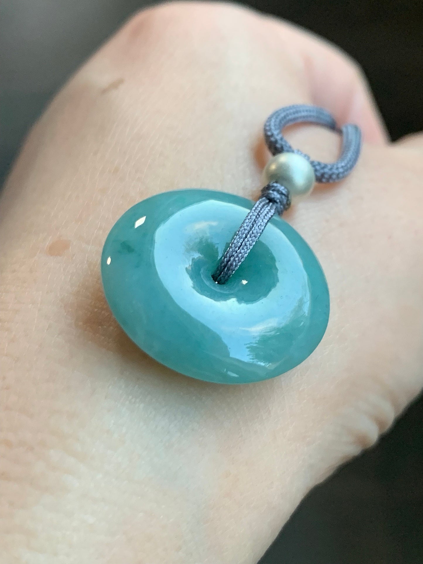 Natural Burmese Icy Translucent Teal Blue Jadeite Ping An Kou Donut Pendant Rope Necklace Sterling Silver 24" Adjustable 9g 天然缅甸冰蓝绿翡翠平安扣吊坠项链