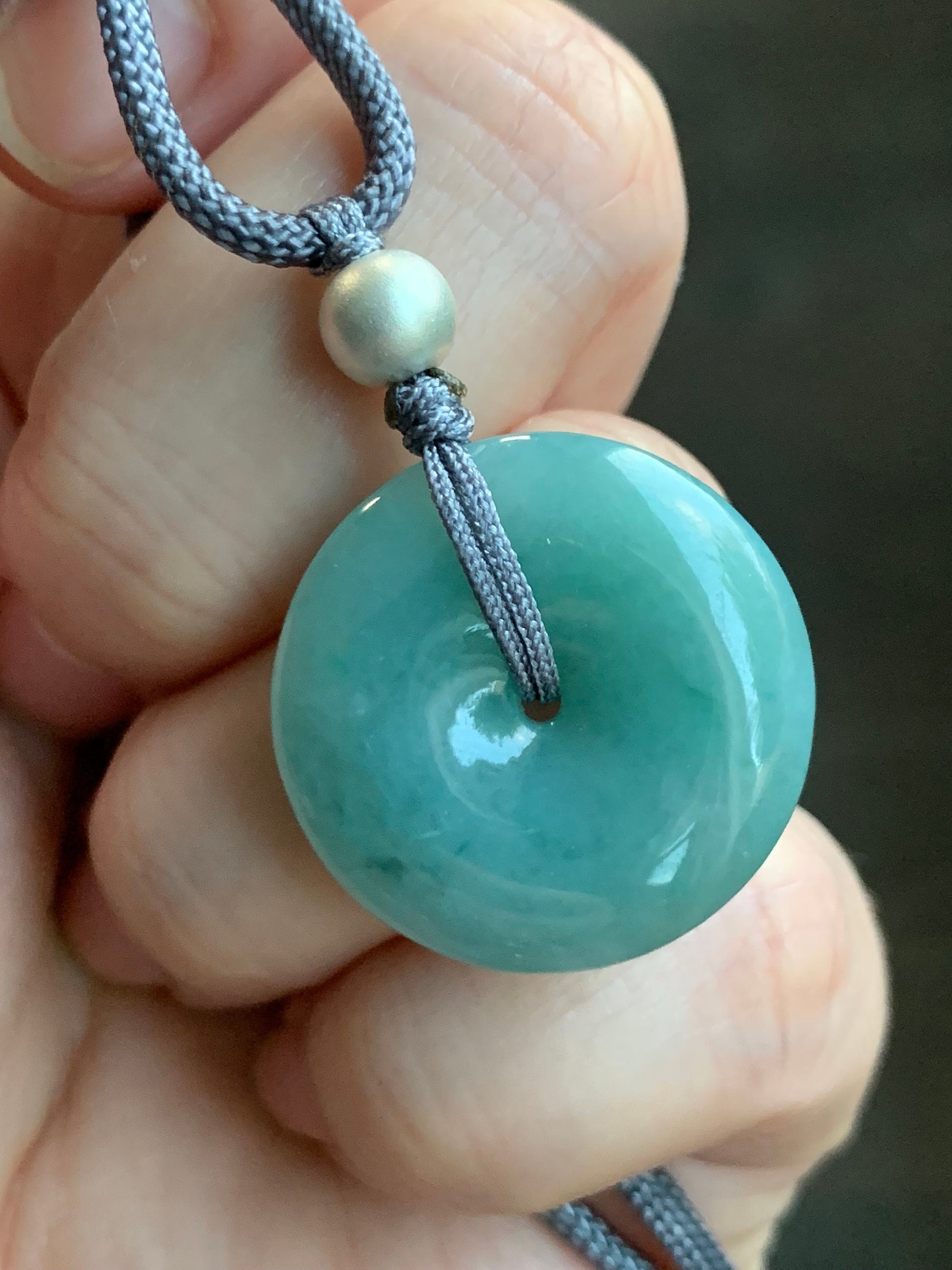 Natural Burmese Icy Translucent Teal Blue Jadeite Ping An Kou Donut Pendant Rope Necklace Sterling Silver 24" Adjustable 9g 天然缅甸冰蓝绿翡翠平安扣吊坠项链