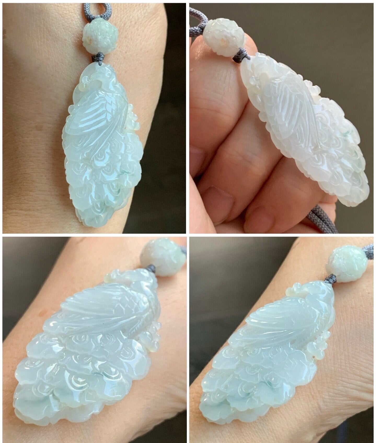 Certified Natural Burmese Icy Translucent Gelatinous Jadeite Carved Peacock Pendant w/ Peony Rope Necklace 32” Adjustable 18g 天然缅甸冰胶翡翠孔雀牡丹项链