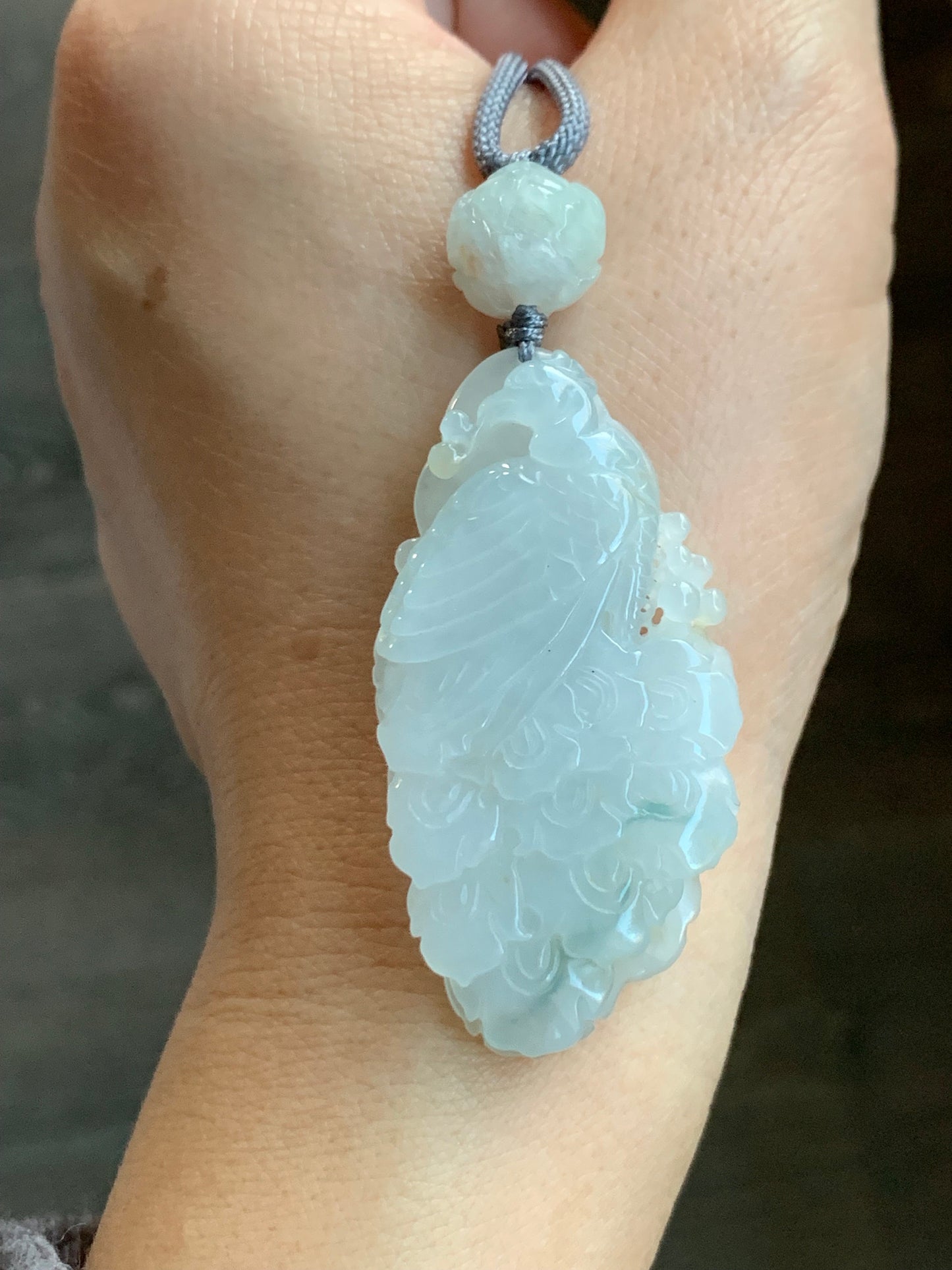 Certified Natural Burmese Icy Translucent Gelatinous Jadeite Carved Peacock Pendant w/ Peony Rope Necklace 32” Adjustable 18g 天然缅甸冰胶翡翠孔雀牡丹项链