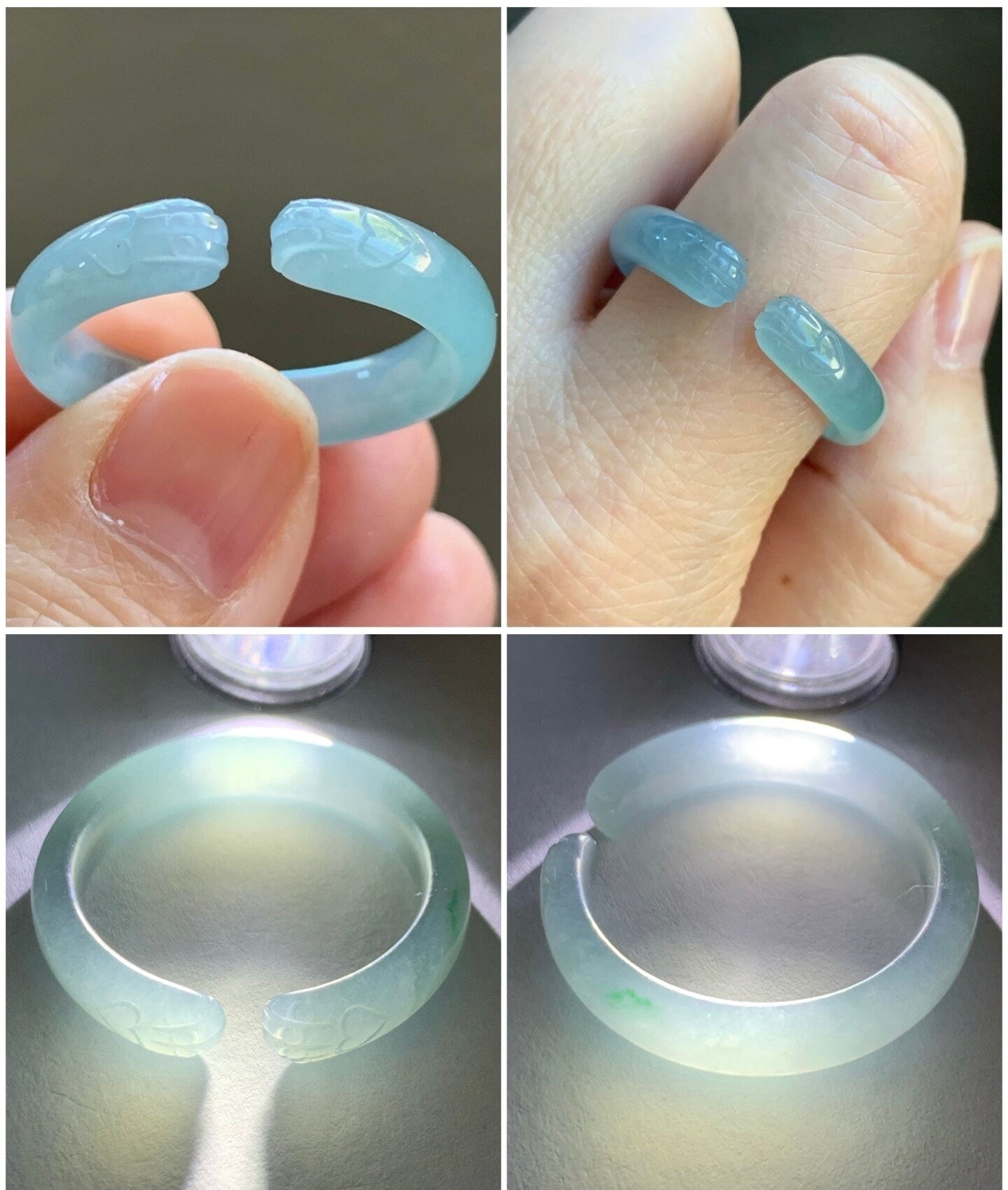 Natural Guatemalan Icy Translucent Gelatinous Light Dusty Blue Jadeite Open Band Ring size 12.25 天然冰危淡蓝翡翠开口戒圈