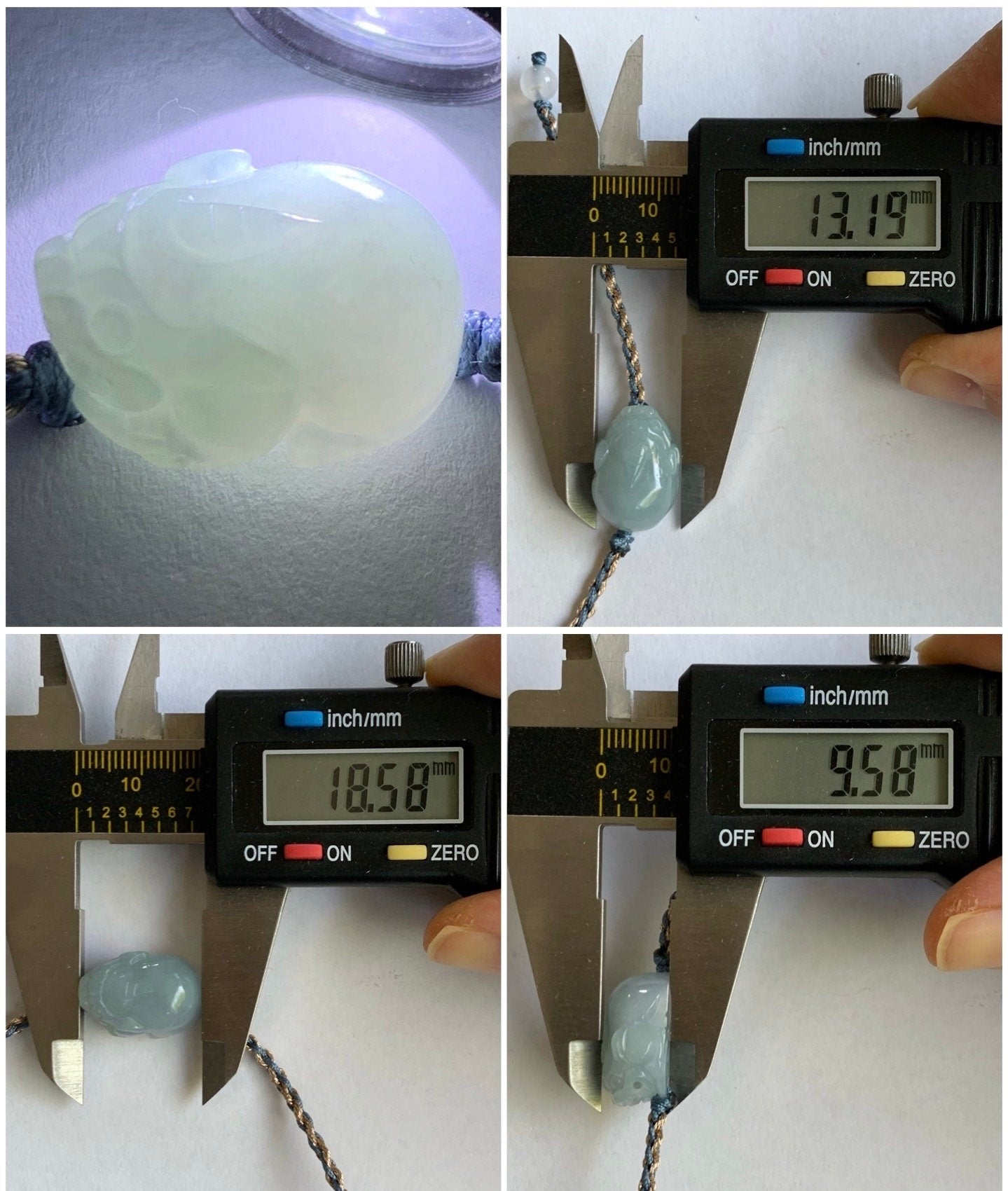 Natural Burmese Icy Translucent Gelatinous Light Dusty Blue Jadeite Pixiu Rope Bracelet Adjustable up to 6.25” 6g 天然缅甸冰胶淡蓝翡翠貔貅手绳