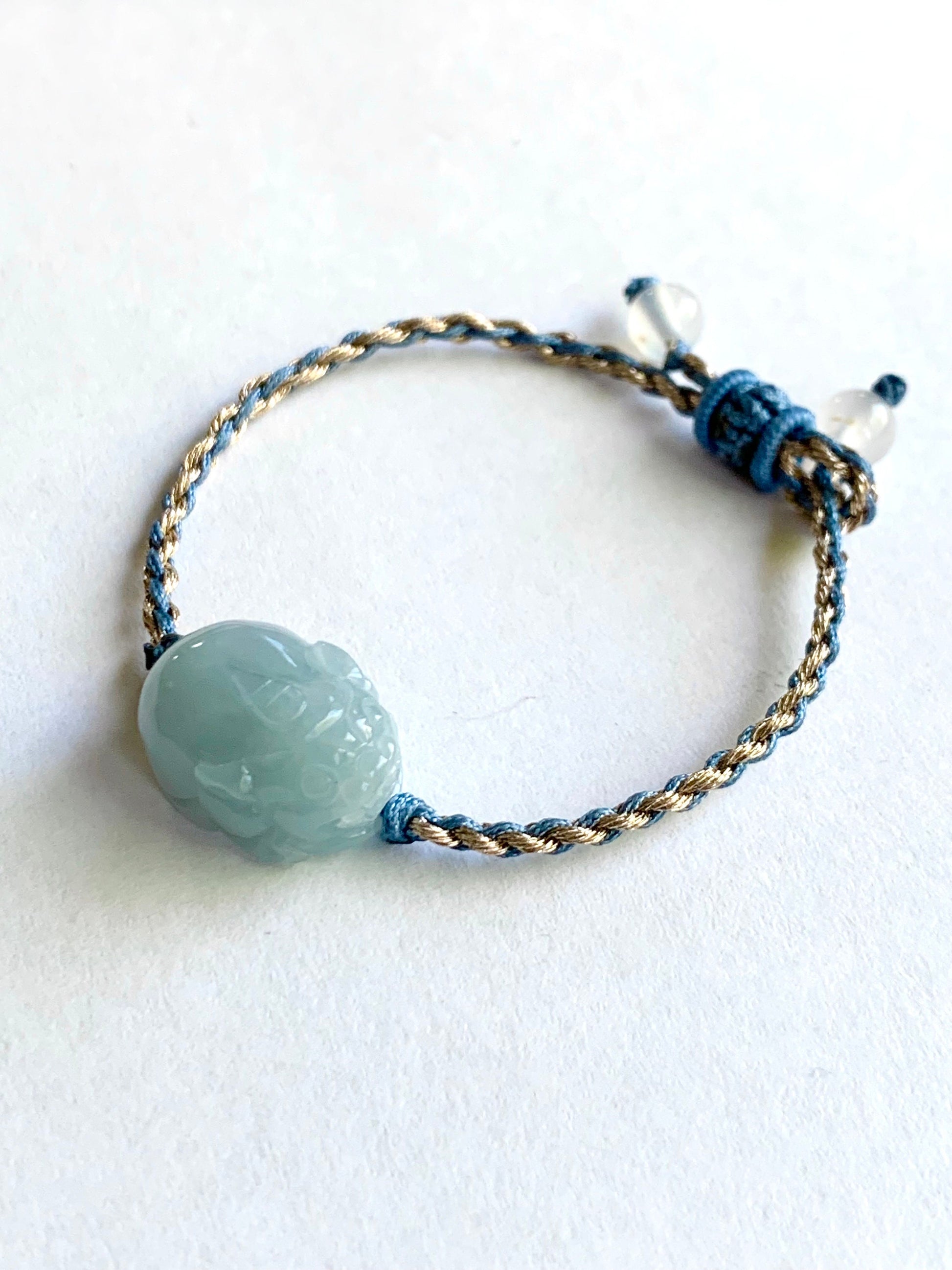 Natural Burmese Icy Translucent Gelatinous Light Dusty Blue Jadeite Pixiu Rope Bracelet Adjustable up to 6.25” 6g 天然缅甸冰胶淡蓝翡翠貔貅手绳