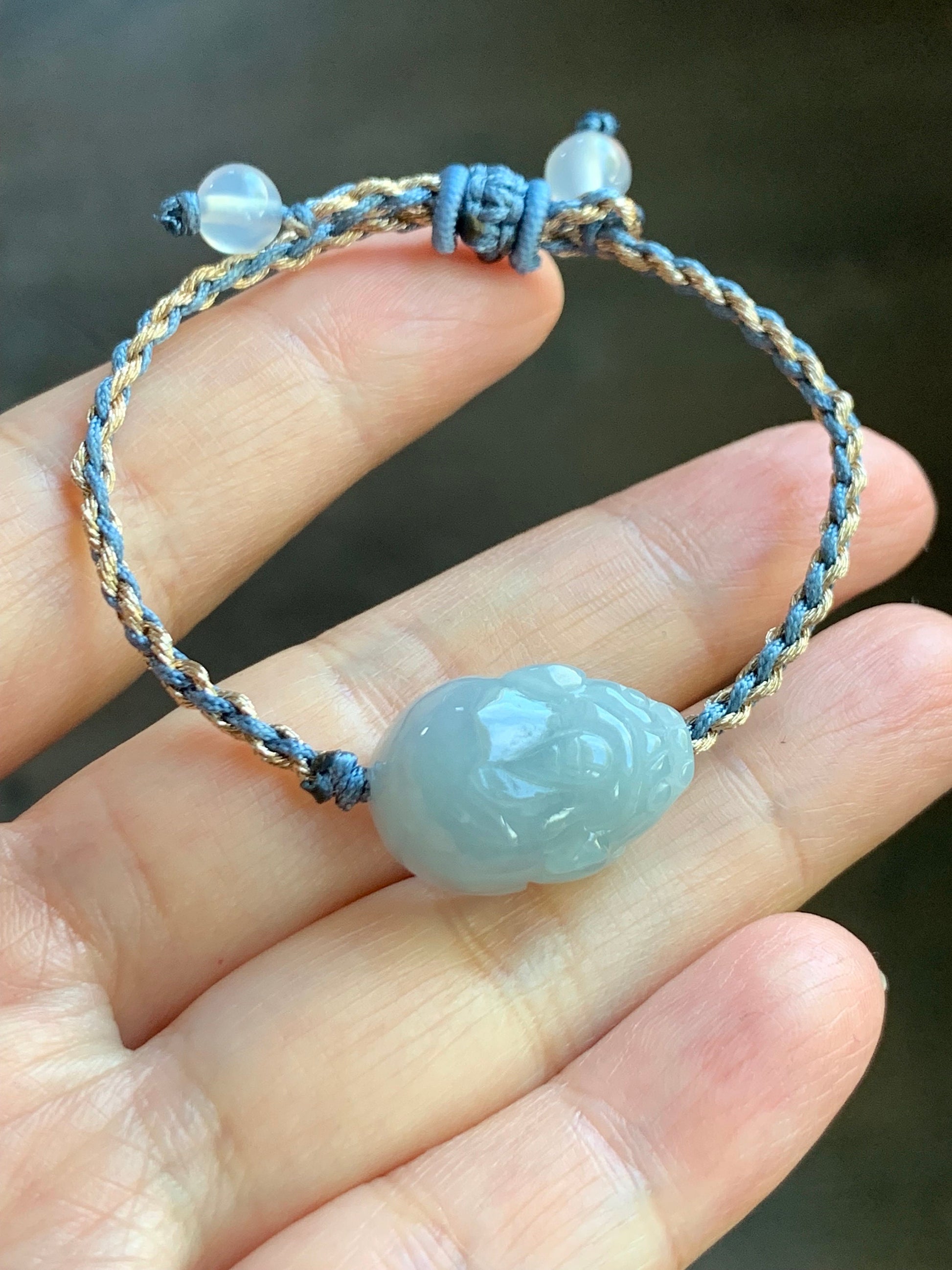 Natural Burmese Icy Translucent Gelatinous Light Dusty Blue Jadeite Pixiu Rope Bracelet Adjustable up to 6.25” 6g 天然缅甸冰胶淡蓝翡翠貔貅手绳