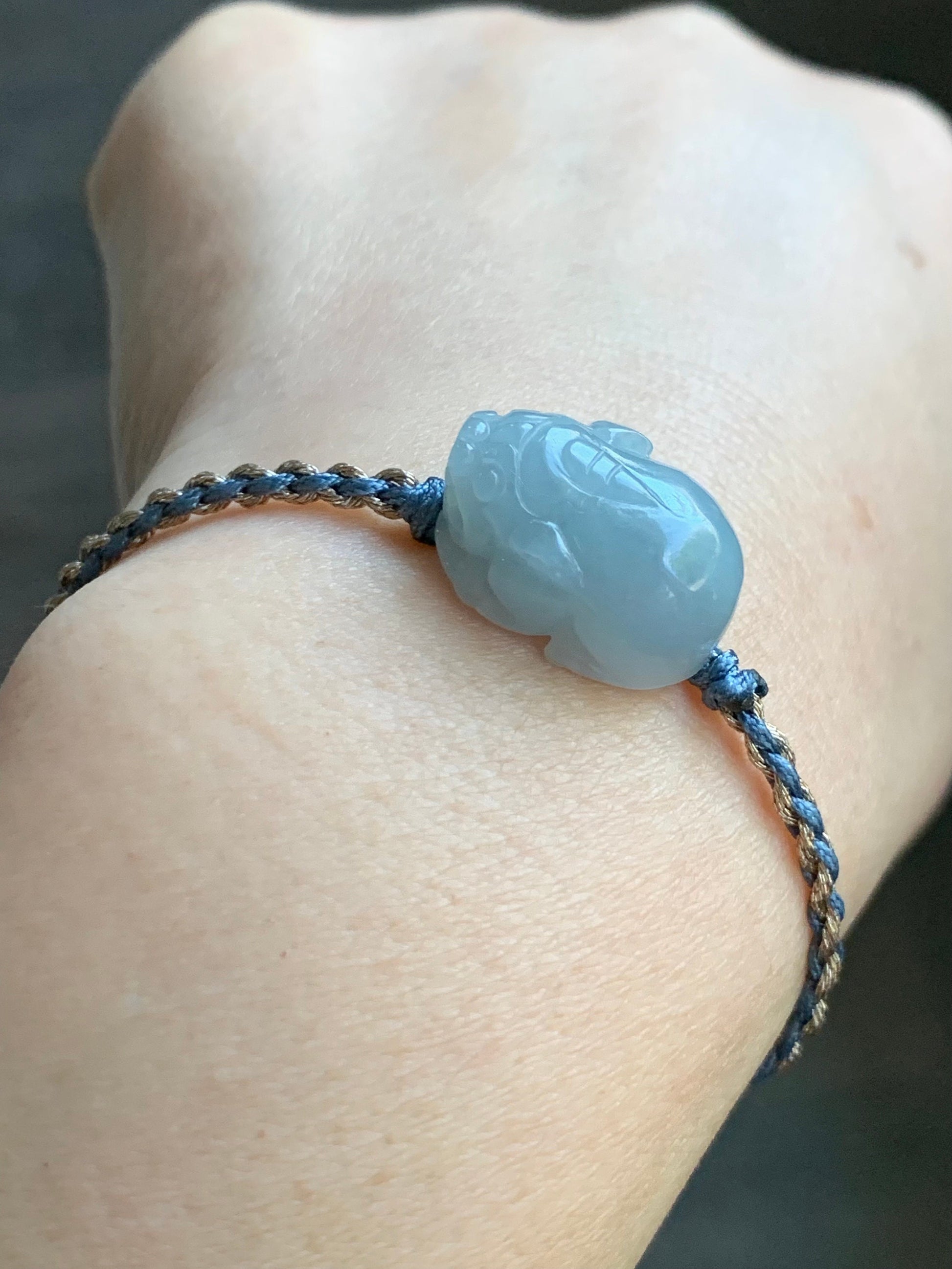 Natural Burmese Icy Translucent Gelatinous Light Dusty Blue Jadeite Pixiu Rope Bracelet Adjustable up to 6.25” 6g 天然缅甸冰胶淡蓝翡翠貔貅手绳