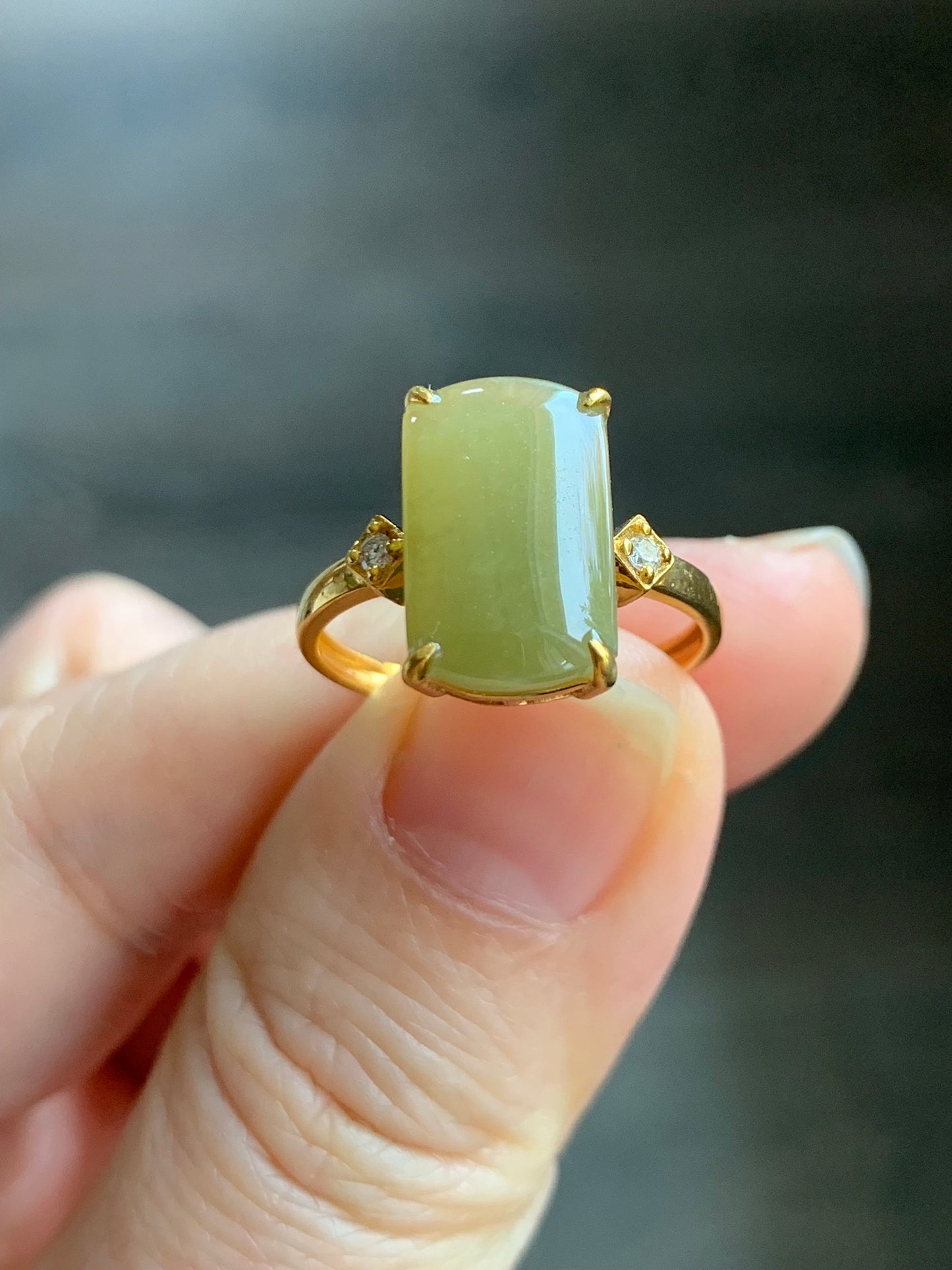 Certified Natural Burmese Icy Translucent Yellow Jadeite Saddle Ring Size 7 18K Yellow Gold & Diamonds 天然老种缅甸冰寿黄翡翠马鞍钻石镶嵌戒指