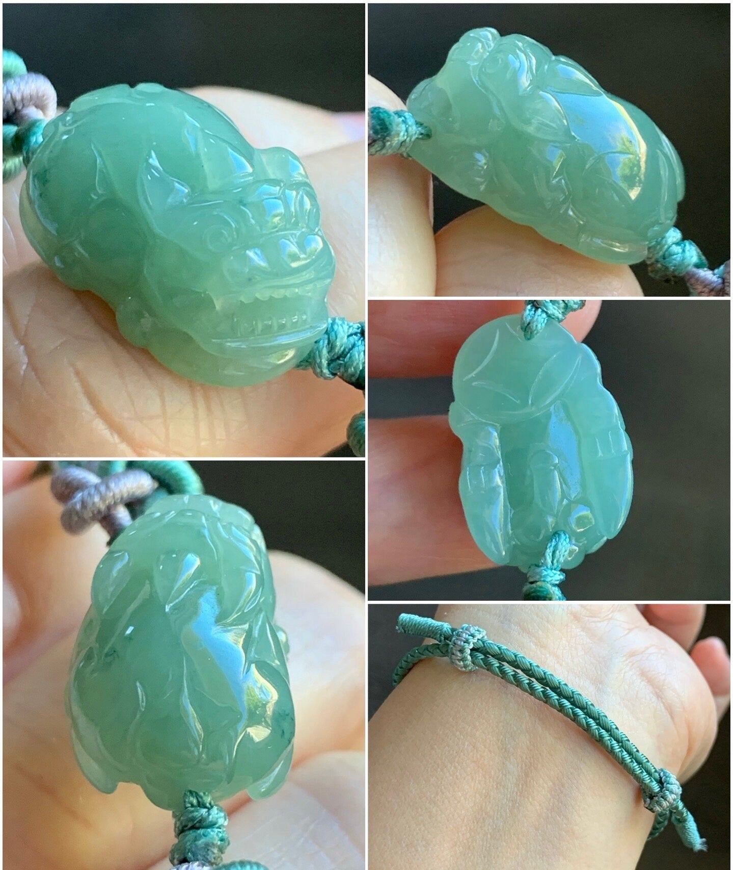 Natural Burmese Icy Translucent Gelatinous Pea Green Colored Jadeite Carved Pixiu Braided Rope Bracelet Adjustable up to 8” 天然缅甸冰胶豆绿翡翠貔貅手绳