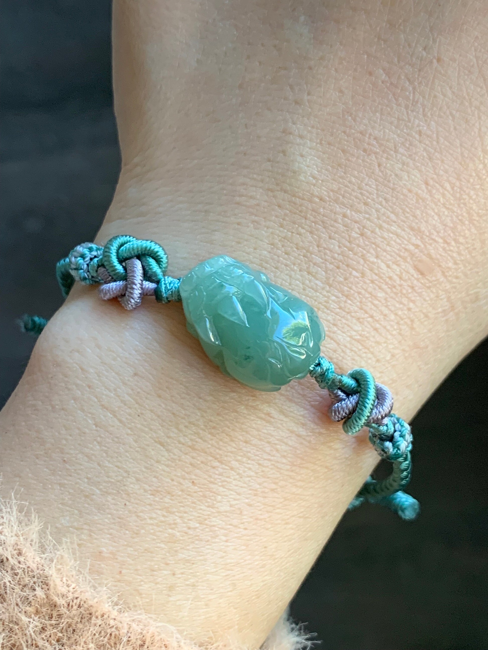 Natural Burmese Icy Translucent Gelatinous Pea Green Colored Jadeite Carved Pixiu Braided Rope Bracelet Adjustable up to 8” 天然缅甸冰胶豆绿翡翠貔貅手绳