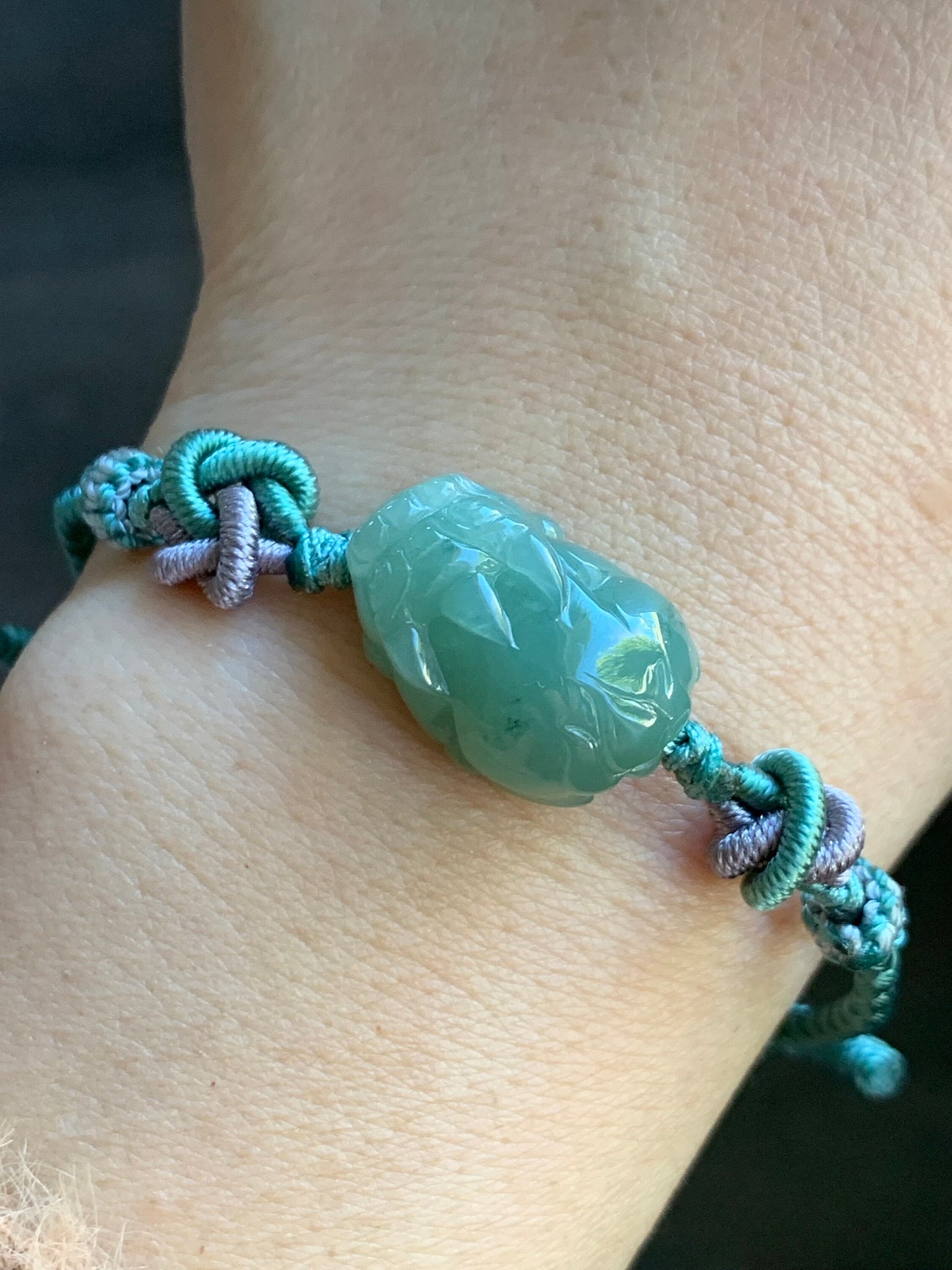 Natural Burmese Icy Translucent Gelatinous Pea Green Colored Jadeite Carved Pixiu Braided Rope Bracelet Adjustable up to 8” 天然缅甸冰胶豆绿翡翠貔貅手绳