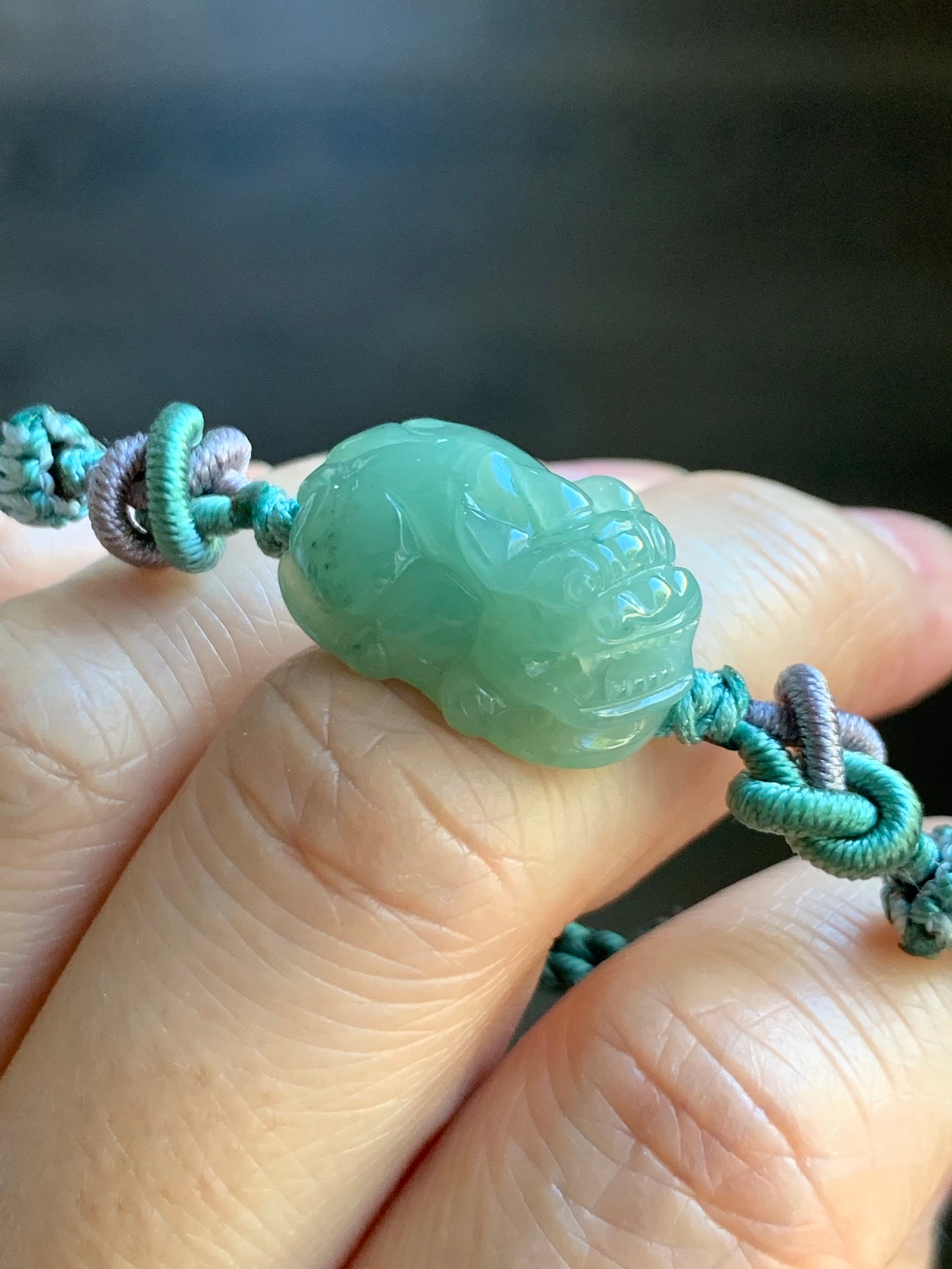 Natural Burmese Icy Translucent Gelatinous Pea Green Colored Jadeite Carved Pixiu Braided Rope Bracelet Adjustable up to 8” 天然缅甸冰胶豆绿翡翠貔貅手绳