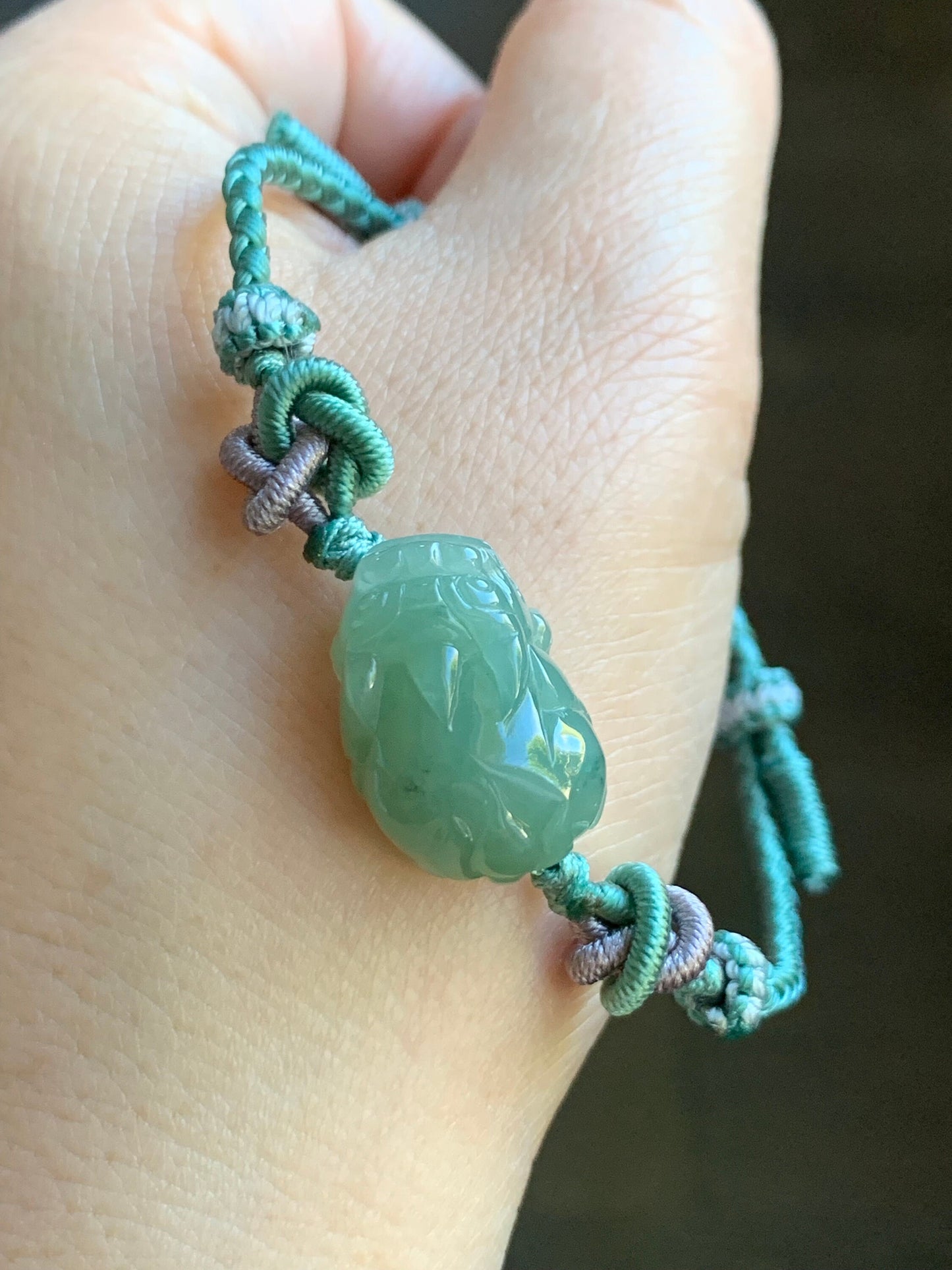 Natural Burmese Icy Translucent Gelatinous Pea Green Colored Jadeite Carved Pixiu Braided Rope Bracelet Adjustable up to 8” 天然缅甸冰胶豆绿翡翠貔貅手绳