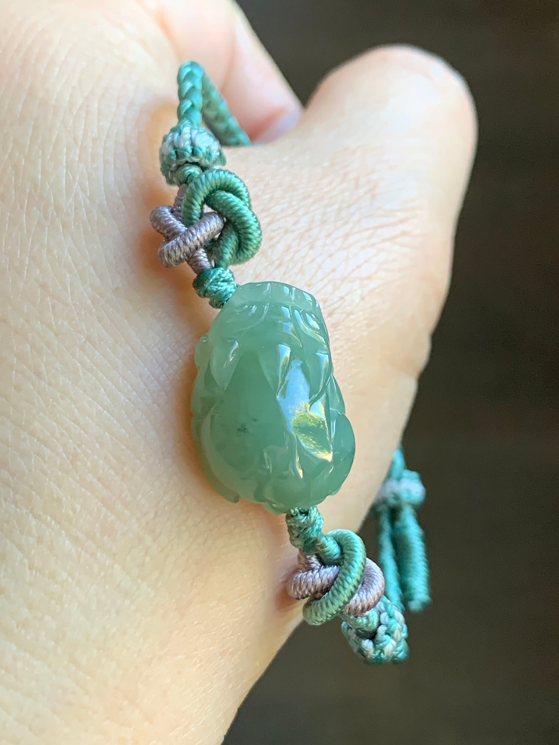 Natural Burmese Icy Translucent Gelatinous Pea Green Colored Jadeite Carved Pixiu Braided Rope Bracelet Adjustable up to 8” 天然缅甸冰胶豆绿翡翠貔貅手绳