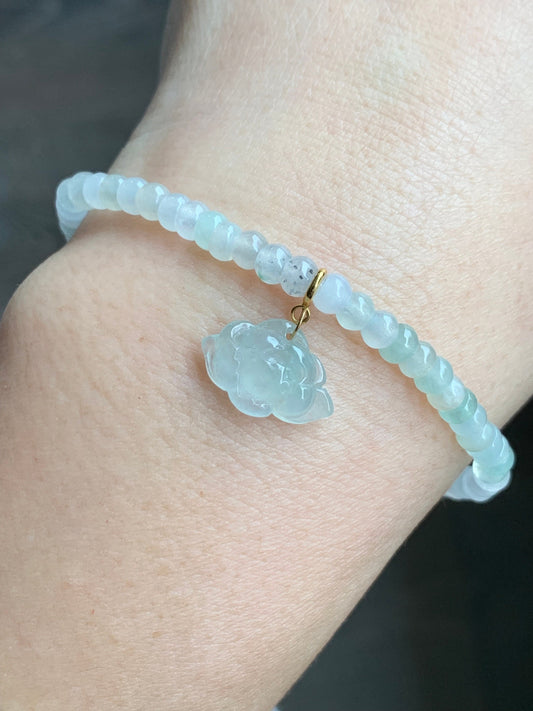 Certified Natural Burmese Premium Icy Jadeite Petite Flat Beads Bracelet Light Green Jadeite Lotus Flower Charm 18K 7.25” 天然缅甸冰胶翡翠算盘珠手串莲花意扣