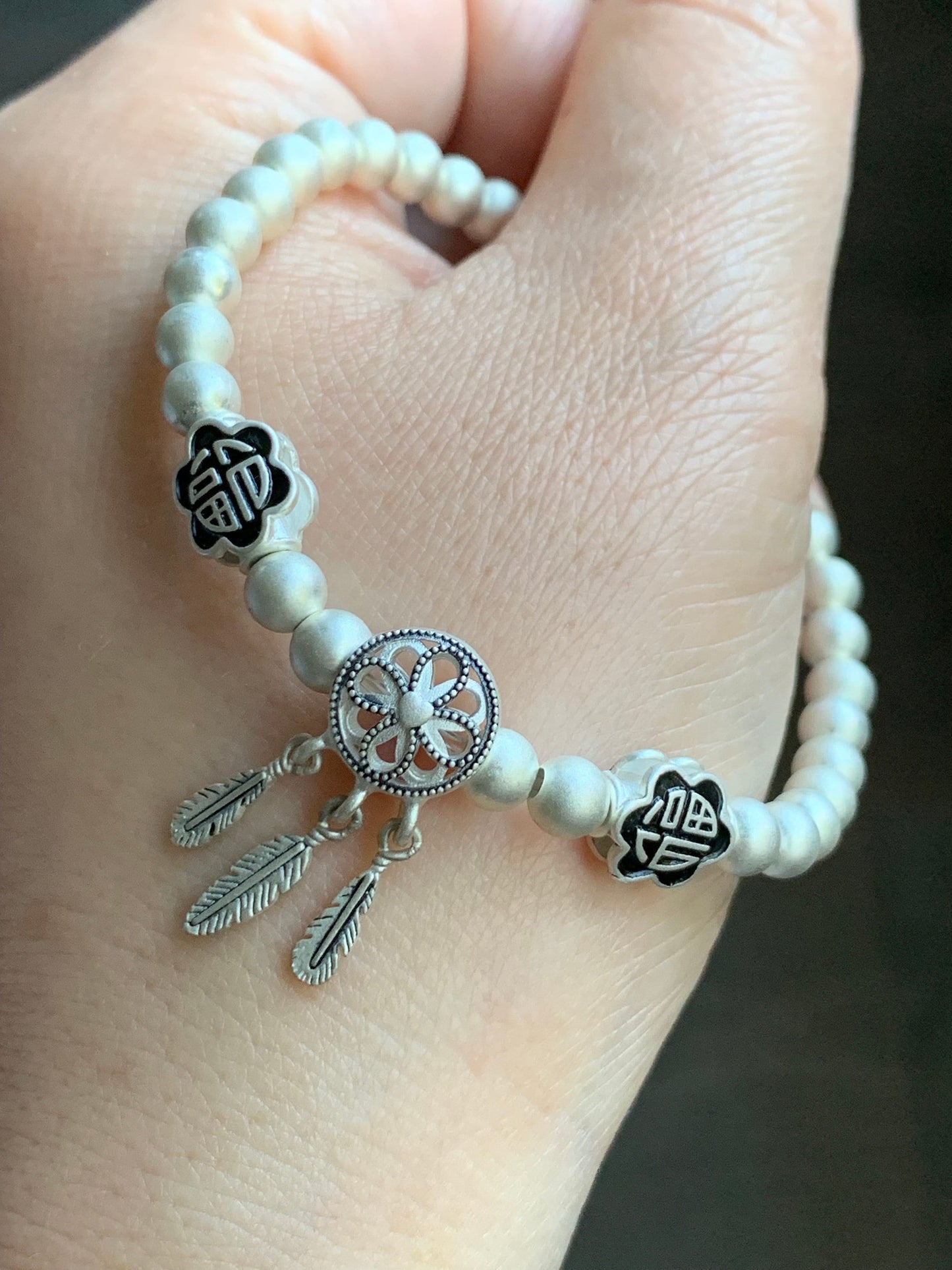 999 Sterling Silver Happiness and Dream Catcher Charms Beaded Bracelet Satin Finish 6.75" Stretchy 5mm 10 grams 纯足银999福字磨砂珠手串