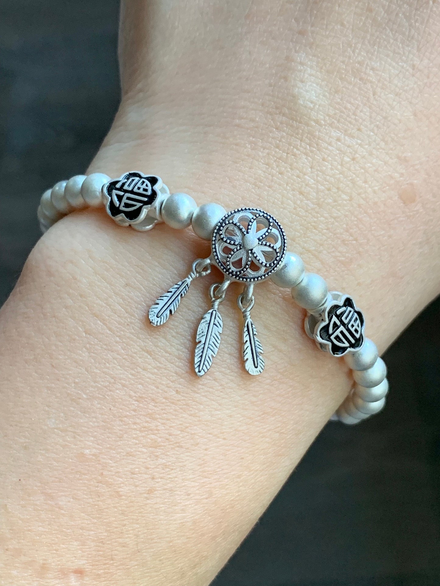 999 Sterling Silver Happiness and Dream Catcher Charms Beaded Bracelet Satin Finish 6.75" Stretchy 5mm 10 grams 纯足银999福字磨砂珠手串