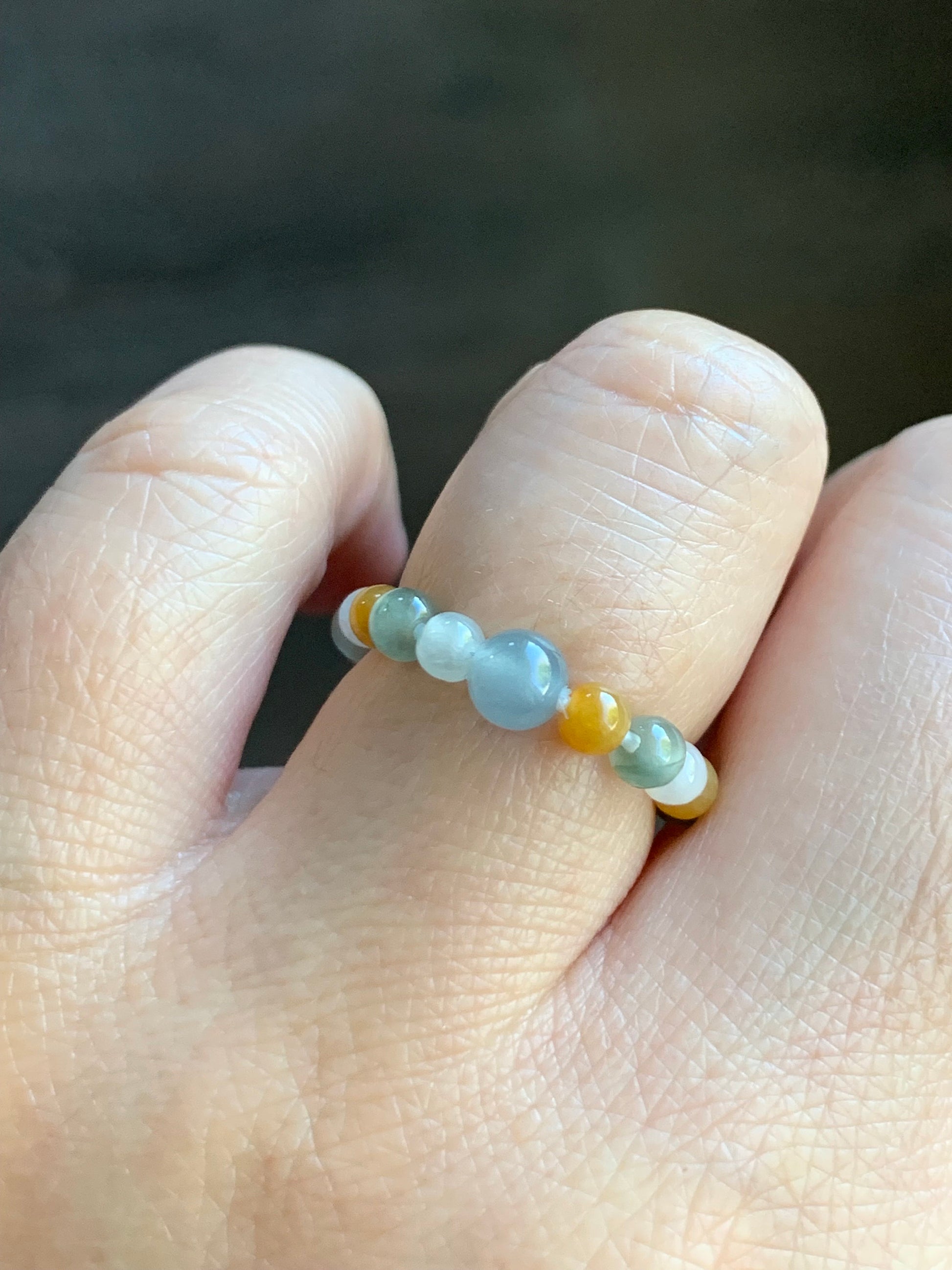 Natural Burmese & Guatemalan Icy Highly Translucent Multicolored Jadeite Petite Beads Beaded Ring size 5.75 Stretchy 天然缅甸冰多宝色翡翠危蓝翡翠戒圈