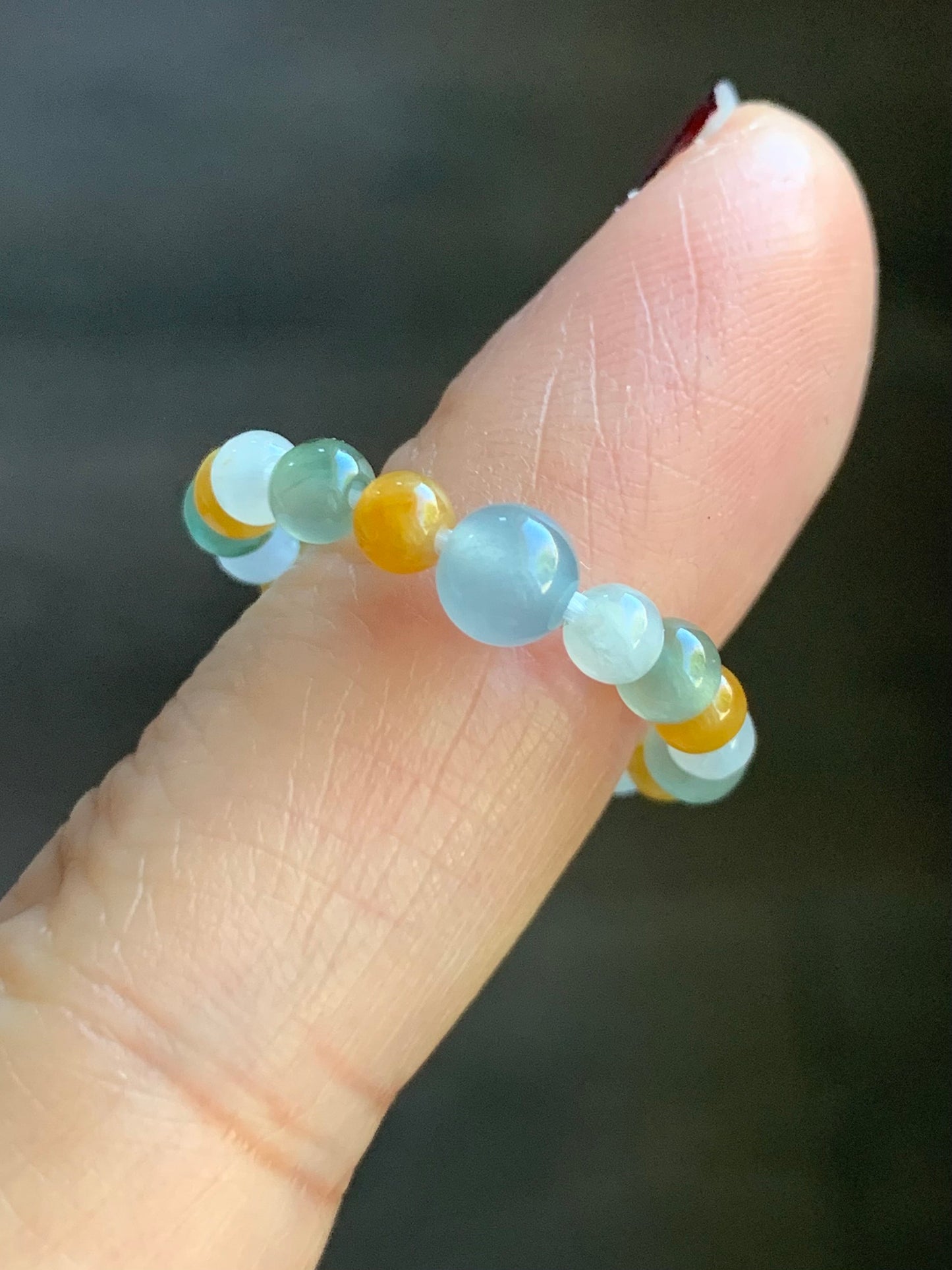 Natural Burmese & Guatemalan Icy Highly Translucent Multicolored Jadeite Petite Beads Beaded Ring size 5.75 Stretchy 天然缅甸冰多宝色翡翠危蓝翡翠戒圈