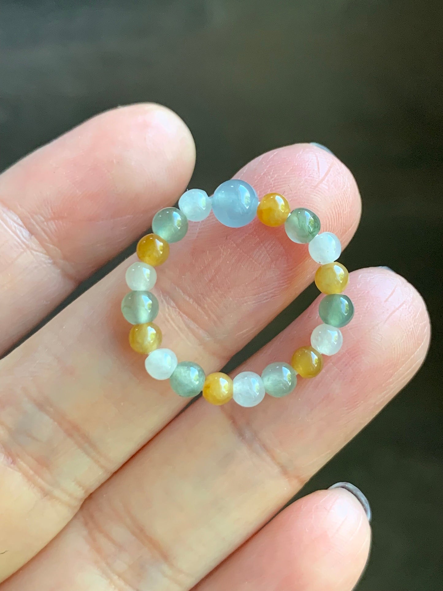 Natural Burmese & Guatemalan Icy Highly Translucent Multicolored Jadeite Petite Beads Beaded Ring size 5.75 Stretchy 天然缅甸冰多宝色翡翠危蓝翡翠戒圈