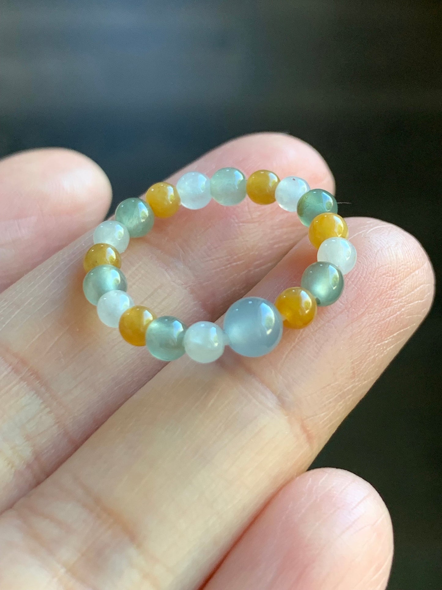 Natural Burmese & Guatemalan Icy Highly Translucent Multicolored Jadeite Petite Beads Beaded Ring size 5.75 Stretchy 天然缅甸冰多宝色翡翠危蓝翡翠戒圈