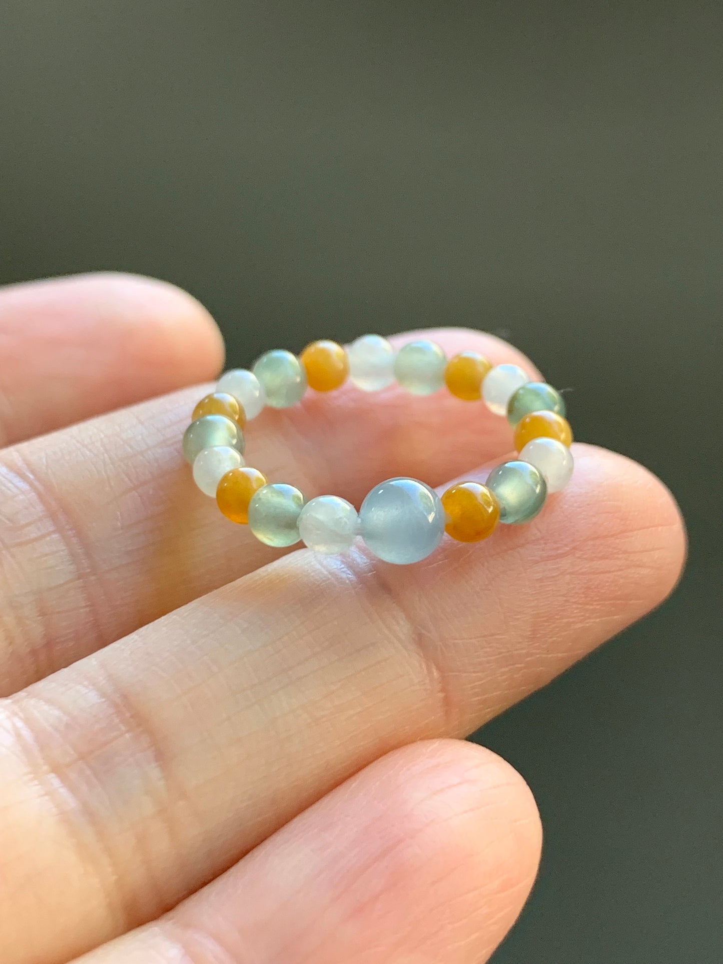 Natural Burmese & Guatemalan Icy Highly Translucent Multicolored Jadeite Petite Beads Beaded Ring size 5.75 Stretchy 天然缅甸冰多宝色翡翠危蓝翡翠戒圈