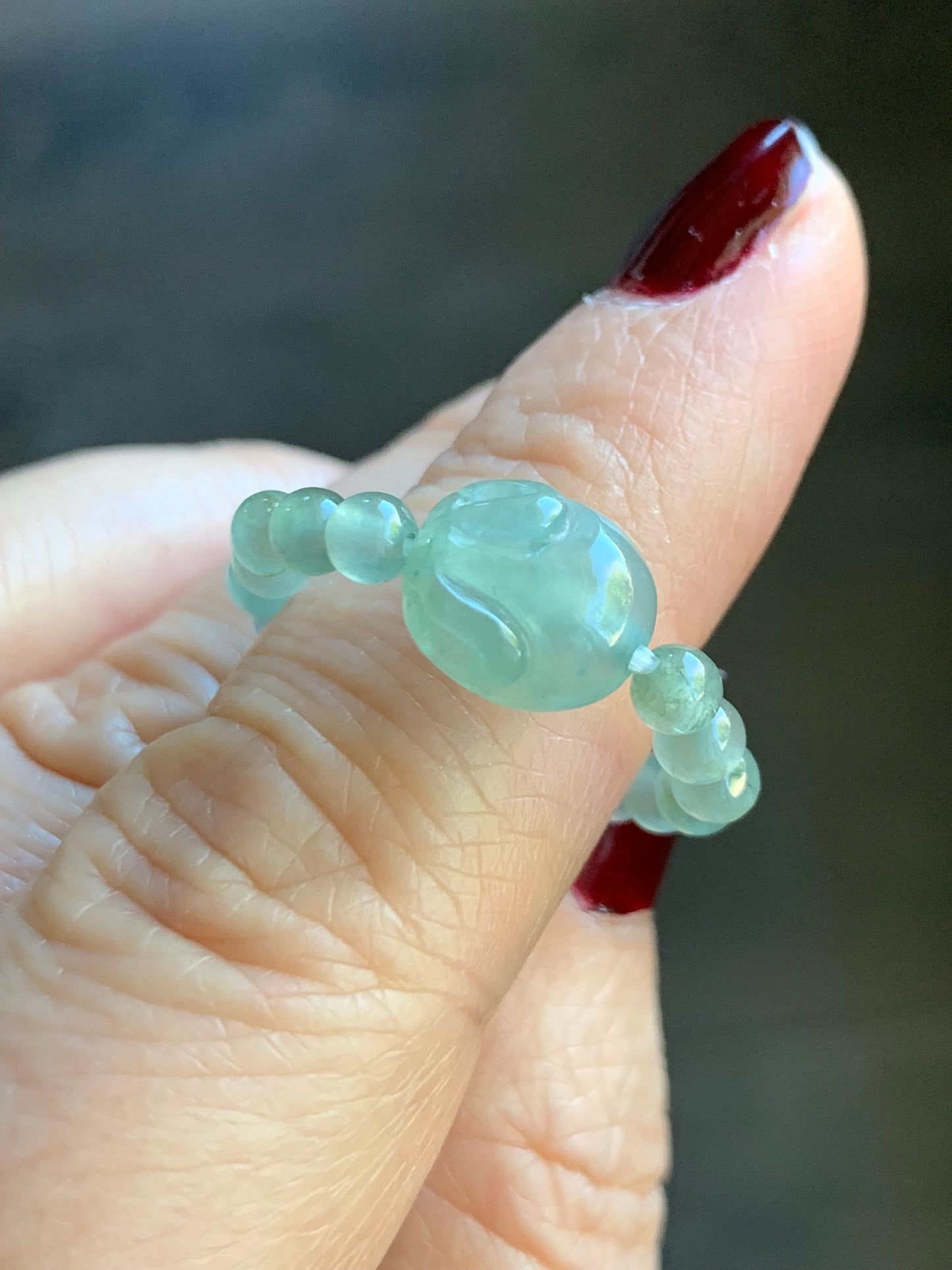 Natural Burmese Icy Highly Translucent Light Green Jadeite Bunny Rabbit & Petite Beads Beaded Ring size 8.25 Stretchy 天然缅甸冰晴绿色翡翠面包兔戒圈