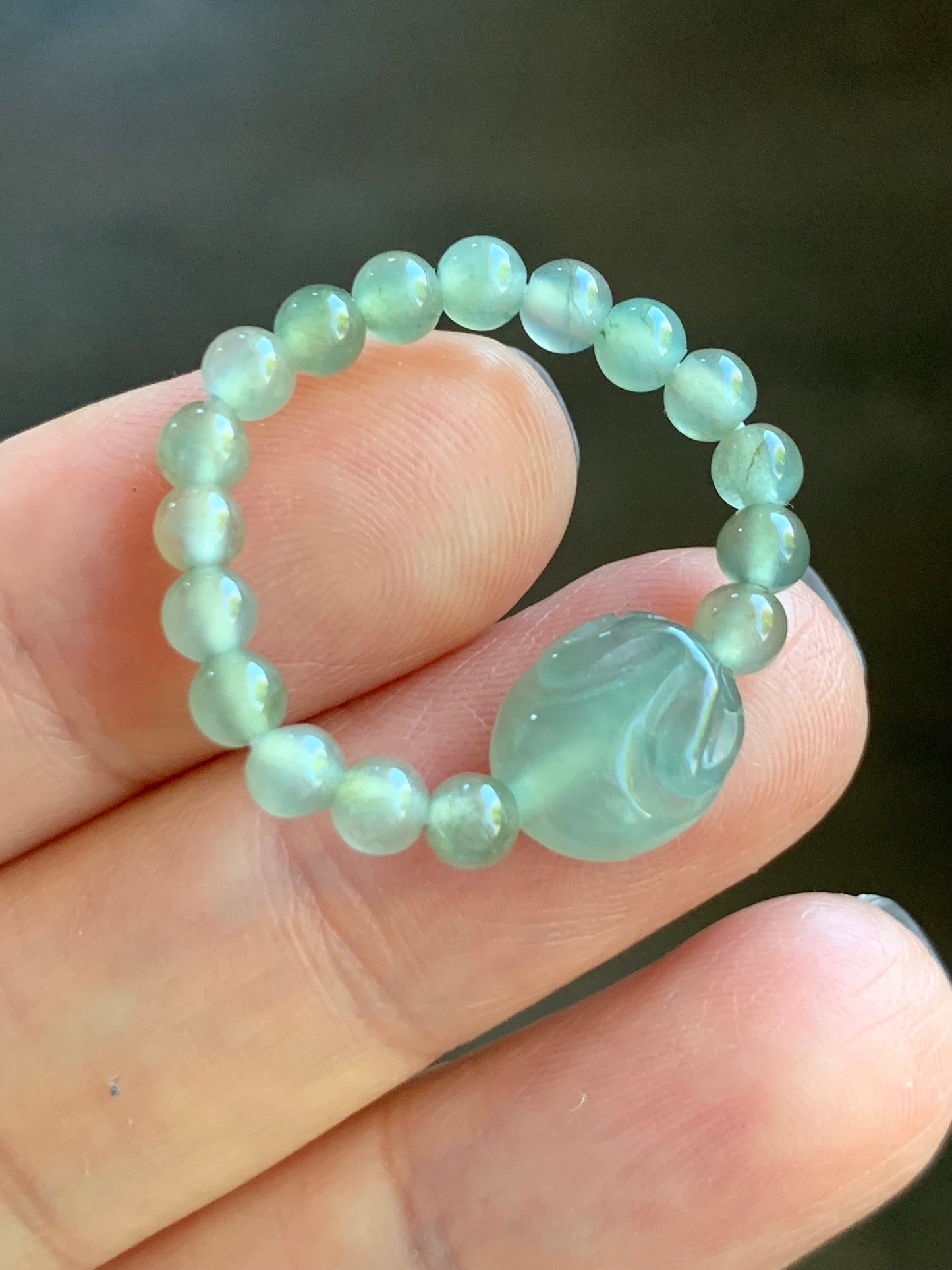 Natural Burmese Icy Highly Translucent Light Green Jadeite Bunny Rabbit & Petite Beads Beaded Ring size 8.25 Stretchy 天然缅甸冰晴绿色翡翠面包兔戒圈