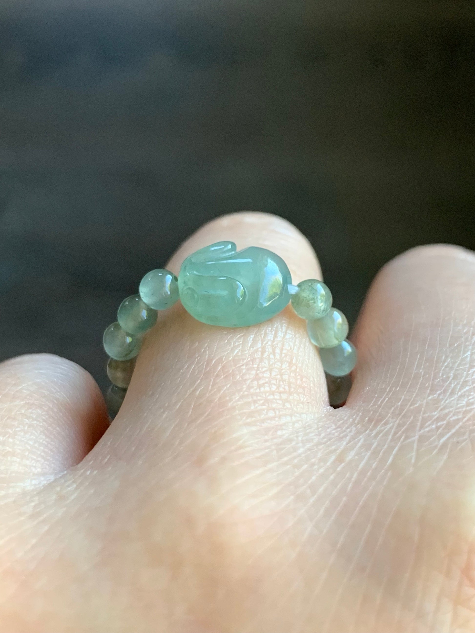 Natural Burmese Icy Highly Translucent Light Green Jadeite Bunny Rabbit & Petite Beads Beaded Ring size 8.25 Stretchy 天然缅甸冰晴绿色翡翠面包兔戒圈