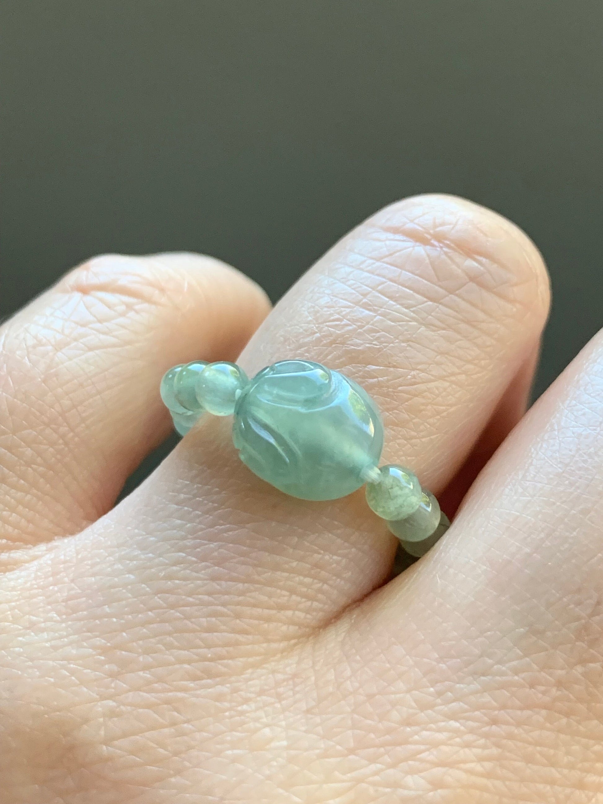 Natural Burmese Icy Highly Translucent Light Green Jadeite Bunny Rabbit & Petite Beads Beaded Ring size 8.25 Stretchy 天然缅甸冰晴绿色翡翠面包兔戒圈