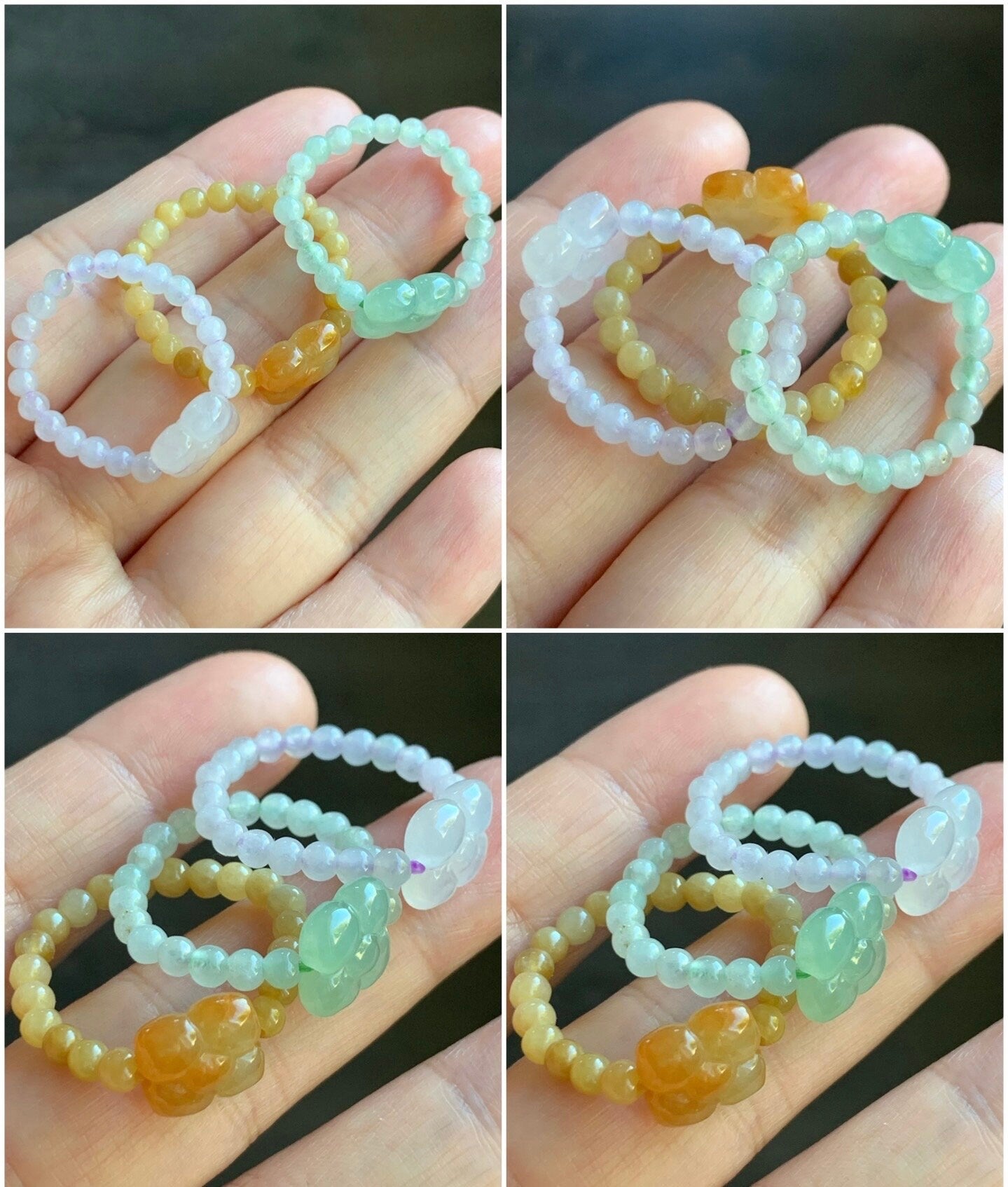 Natural Burmese Icy Translucent Light Green, Yellow Or White Jadeite Flower Petite Beads Beaded Band Ring Stretchy Size Varies 天然缅甸翡翠花小米珠戒圈