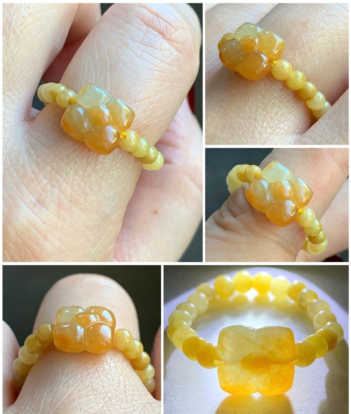 Natural Burmese Icy Translucent Light Green, Yellow Or White Jadeite Flower Petite Beads Beaded Band Ring Stretchy Size Varies 天然缅甸翡翠花小米珠戒圈