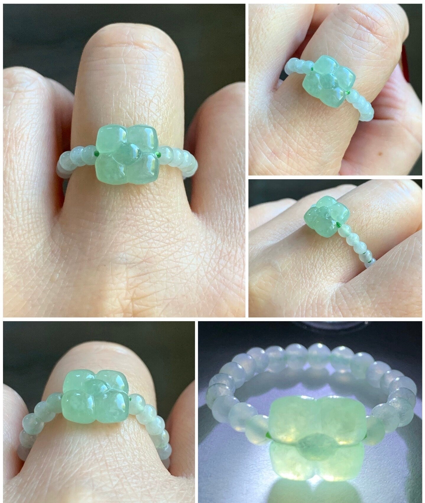 Natural Burmese Icy Translucent Light Green, Yellow Or White Jadeite Flower Petite Beads Beaded Band Ring Stretchy Size Varies 天然缅甸翡翠花小米珠戒圈