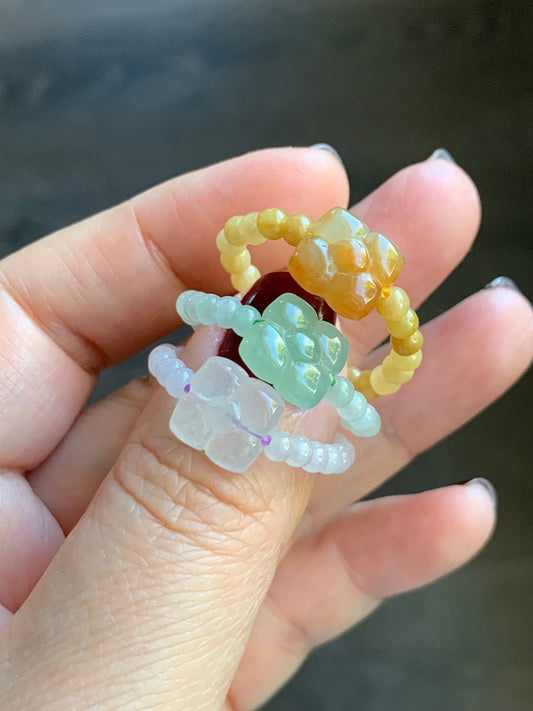 Natural Burmese Icy Translucent Light Green, Yellow Or White Jadeite Flower Petite Beads Beaded Band Ring Stretchy Size Varies 天然缅甸翡翠花小米珠戒圈