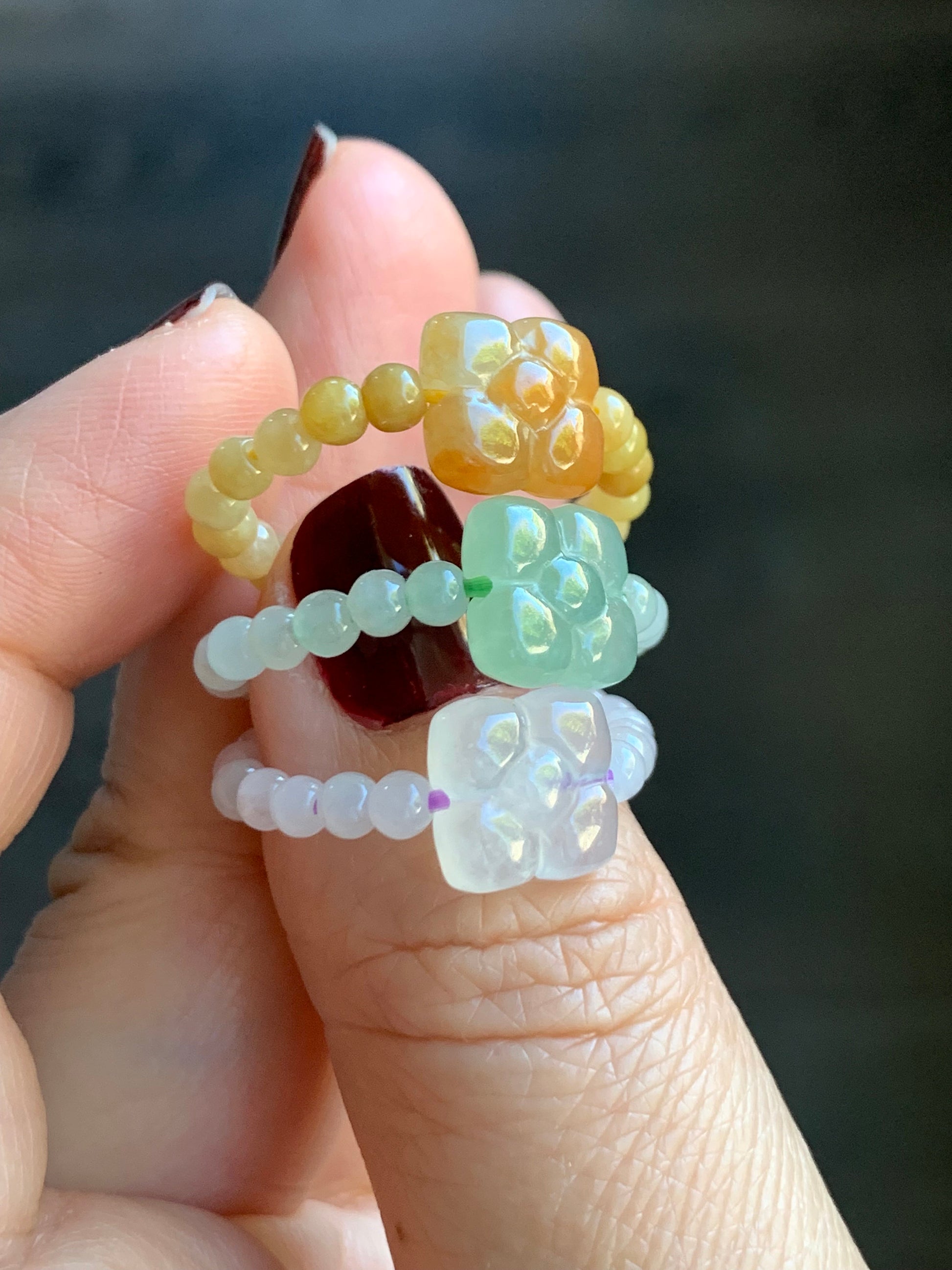 Natural Burmese Icy Translucent Light Green, Yellow Or White Jadeite Flower Petite Beads Beaded Band Ring Stretchy Size Varies 天然缅甸翡翠花小米珠戒圈