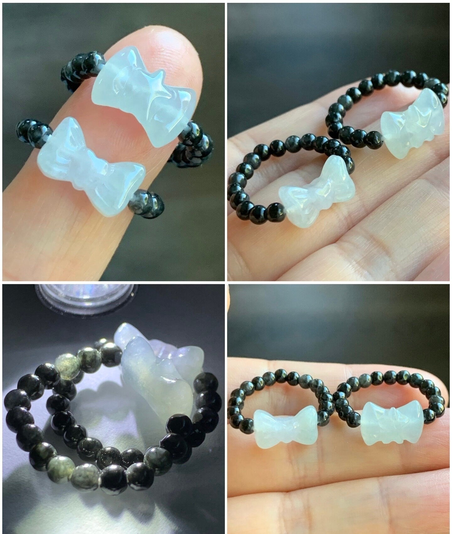 Natural Burmese Icy Translucent Gelatinous White Jadeite Bow Dark Wuji Jadeite Petite Beads Beaded Ring Stretchy 天然缅甸白冰起光翡翠蝴蝶结乌鸡翡翠戒圈