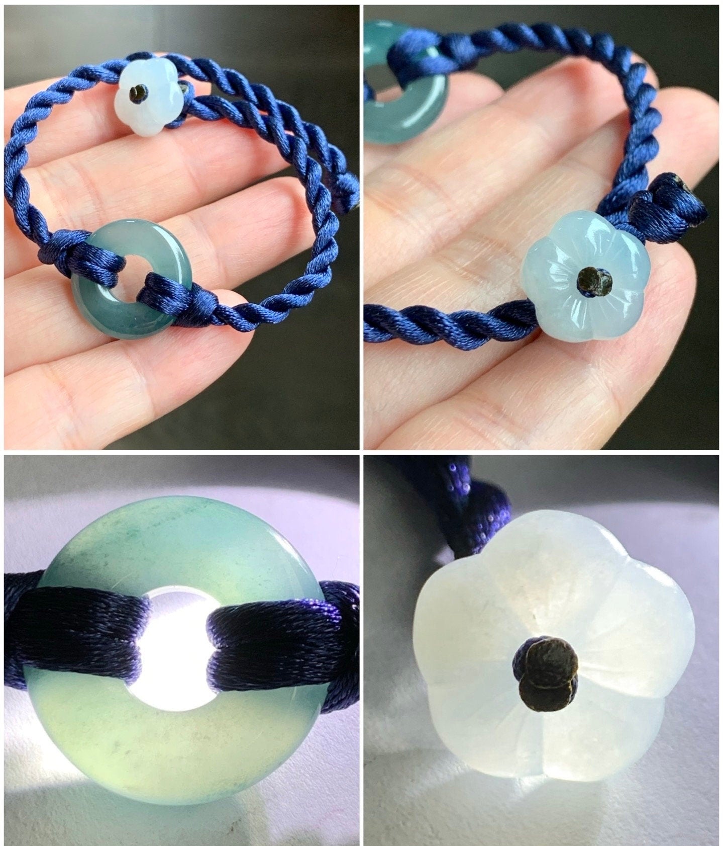 Natural Guatemalan Icy Translucent Teal Blue Jadeite Ping An Kou Donut Ring & Cherry Blossom Button Rope Bracelet 7" 天然冰危蓝水翡翠平安扣梅花手绳