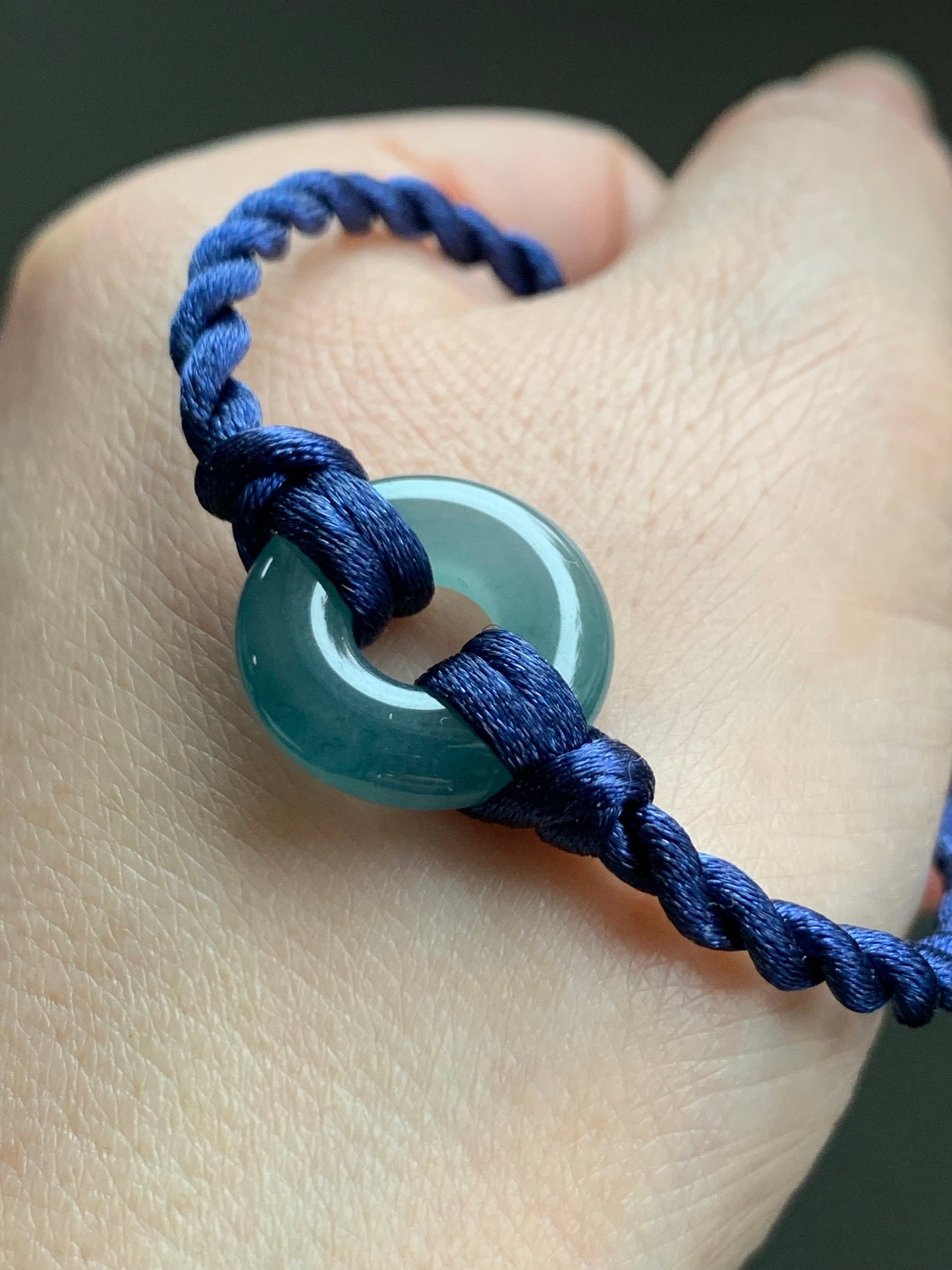 Natural Guatemalan Icy Translucent Teal Blue Jadeite Ping An Kou Donut Ring & Cherry Blossom Button Rope Bracelet 7" 天然冰危蓝水翡翠平安扣梅花手绳